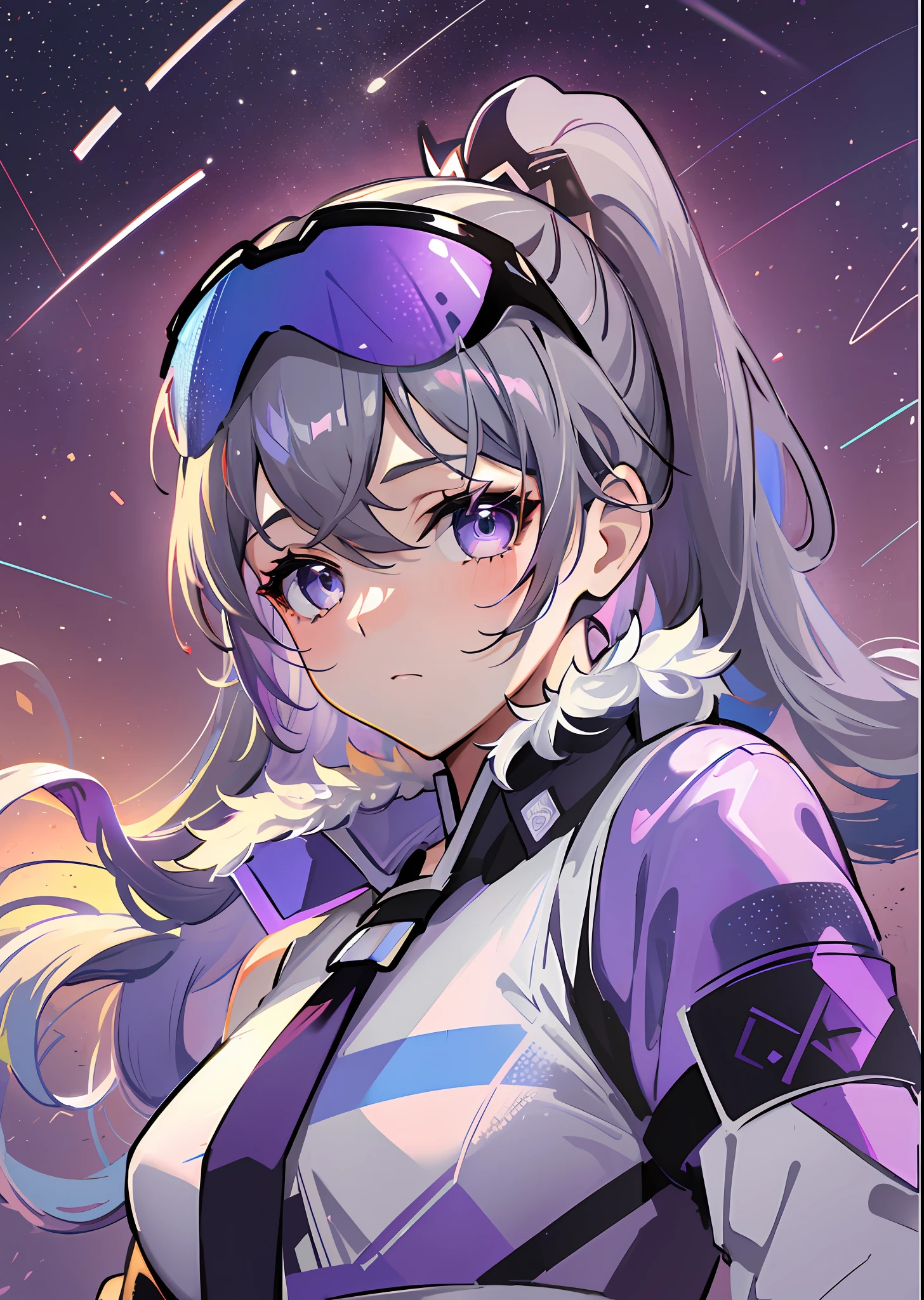 (((Masterpiece)), super high quality, curly high ponytail girl, gray hair, blue-purple gradient ski goggles, medium chest, sporty style, combination of white and purple, dynamic pose, golden section, large aperture portrait, clear details, bright tones, very impactful picture, extremely rich, vivid eyes, upper body appearance, white space above the picture, obvious contrast between light and shadow