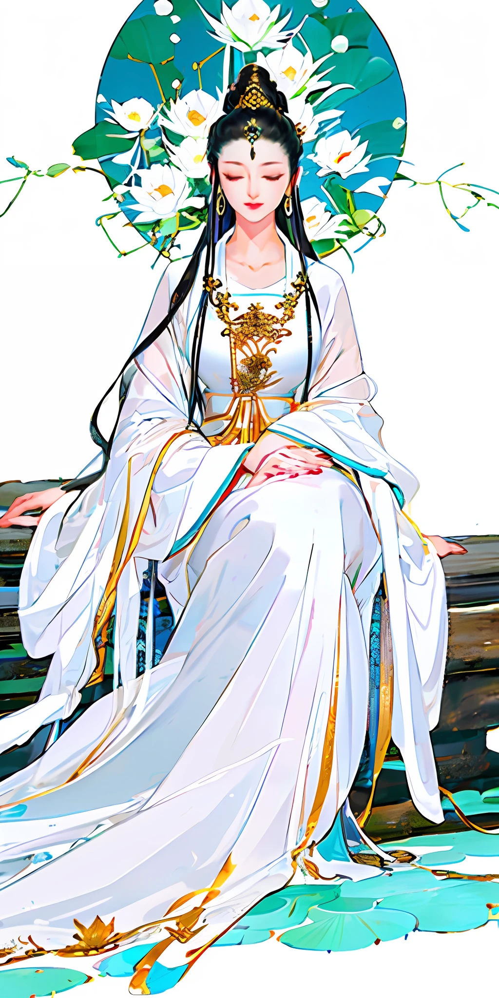 "Independent beauty, beautiful woman in white, gentle gaze, upper body, delicate and flawless, the picture is spotless". Avalokiteshvara, Avalokiteshvara sitting on a lotus platform, sexy, big-breasted, low-cut, holy, eyes closed, 8k, highest quality, super clear