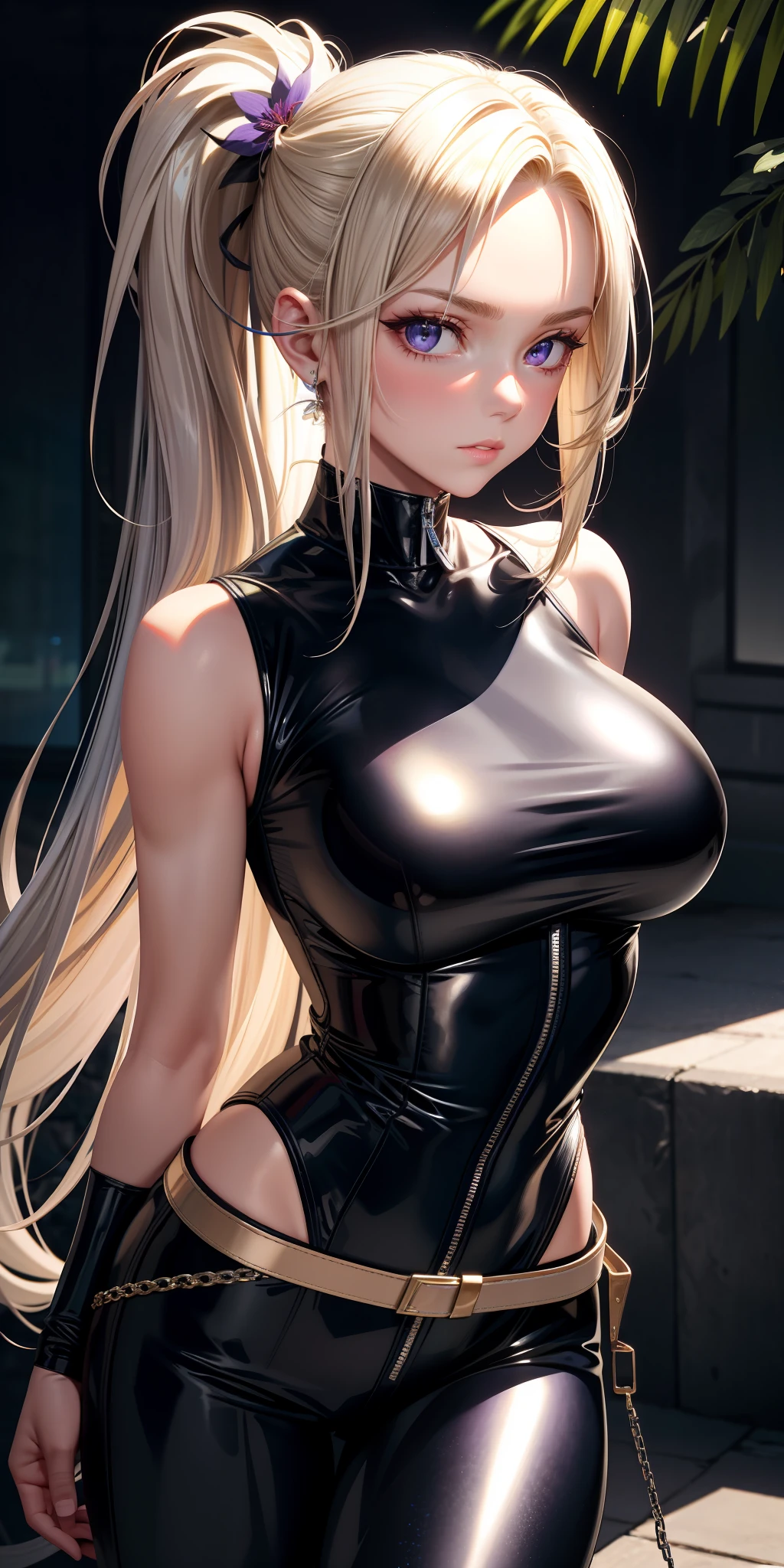 upper body, chest to face, sleeveless, realistic, one girl, blonde, purple eyes, shining eyes, , parted lips, blush, night, flower, sun, sunlight, blue-black leather pants, silver zipper,belt below the waist,super fine illustration,blond hair , showing forehead, silver center zipper, leather blue black bodysuit, sleevelesblue blacks, shiny, blonde ponytail