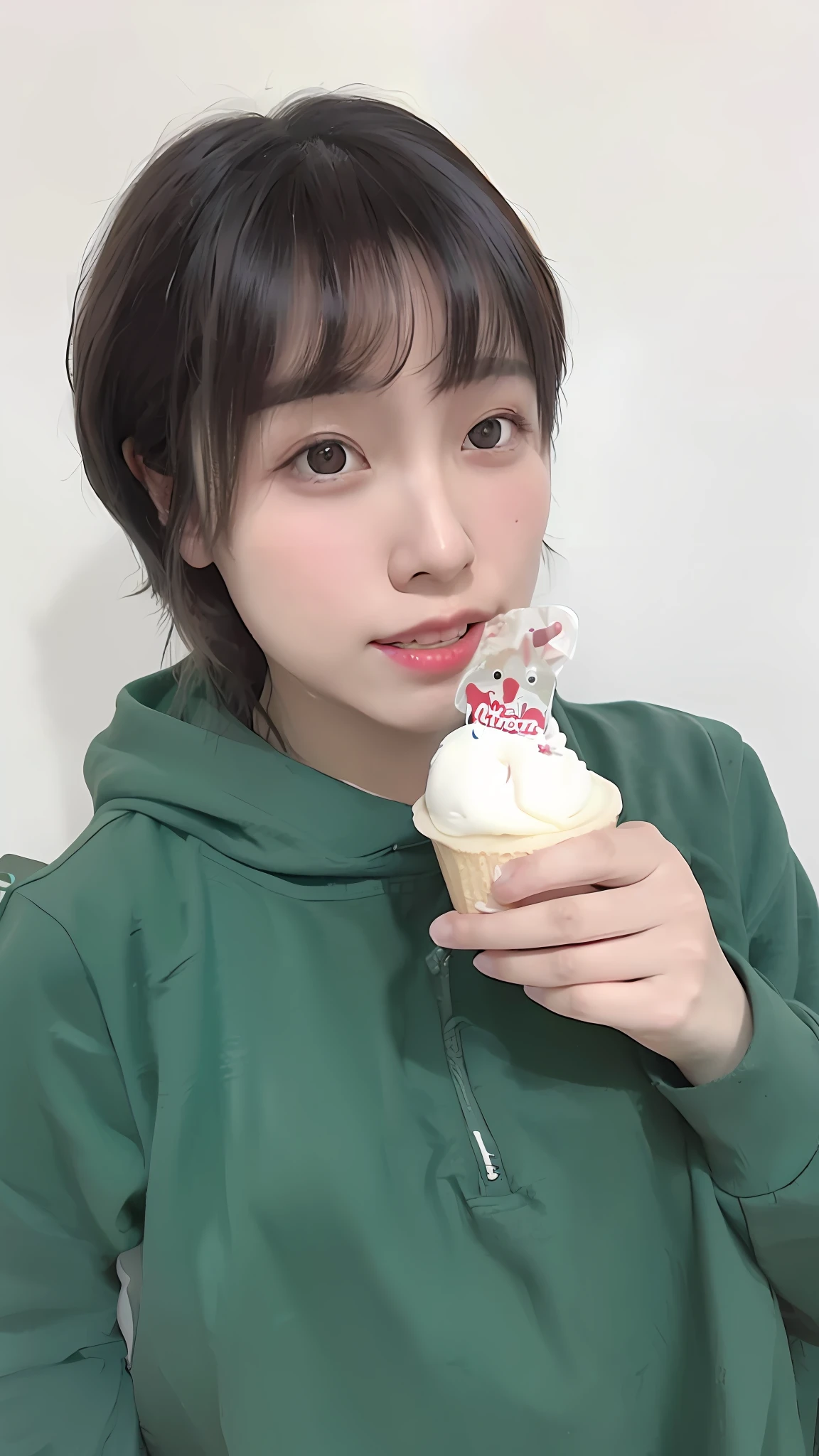 there is a woman that is eating a cupcake with a frosting on it, with short hair, chiho, heonhwa choe, sun yunjoo, yuuka kazami, chiho ashima, lee ji - eun, lee ji-eun, sakimichan, park ji-min, あかさたなは on twitter