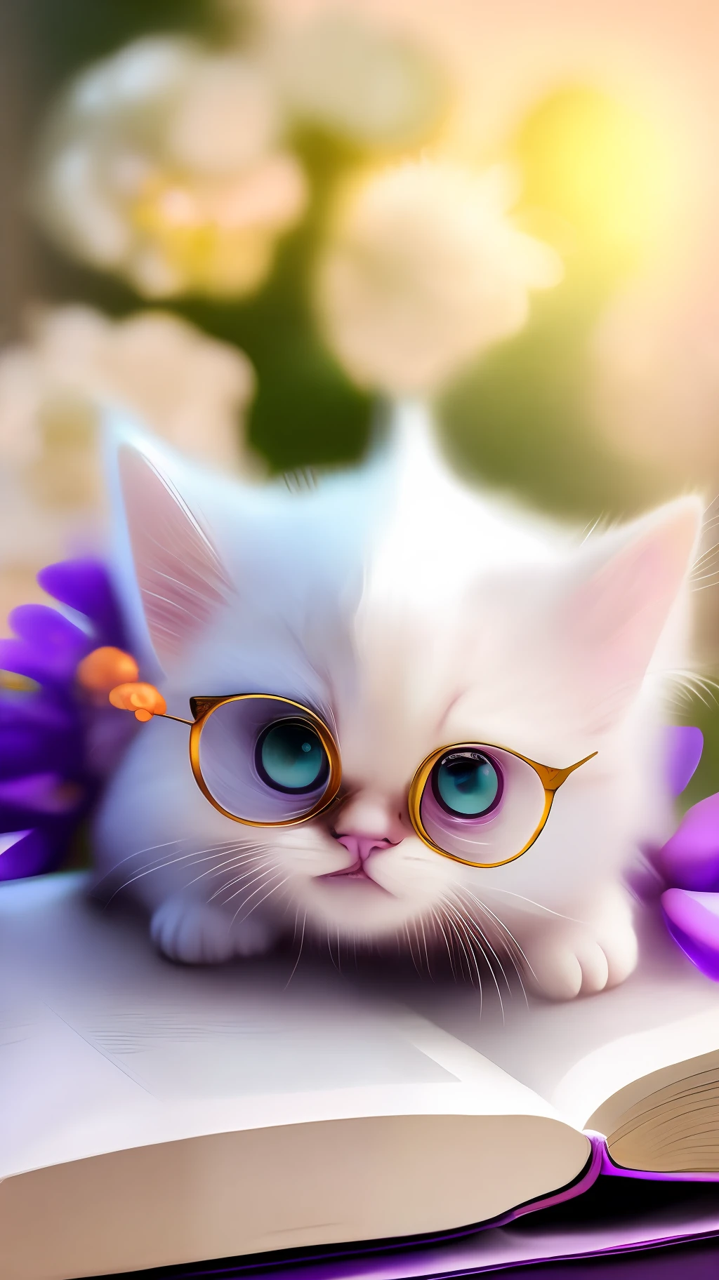 Very cute white tropicalpunk kitten lying on book, big eyes, glasses, open mouth, laughing, excitement, flowers, professional light, depth of field 8k, purple gold magic moment, professional photography, octane rendering, super realistic - amazing sunlight, dynamic composition, photography, sharp focus, background bokeh