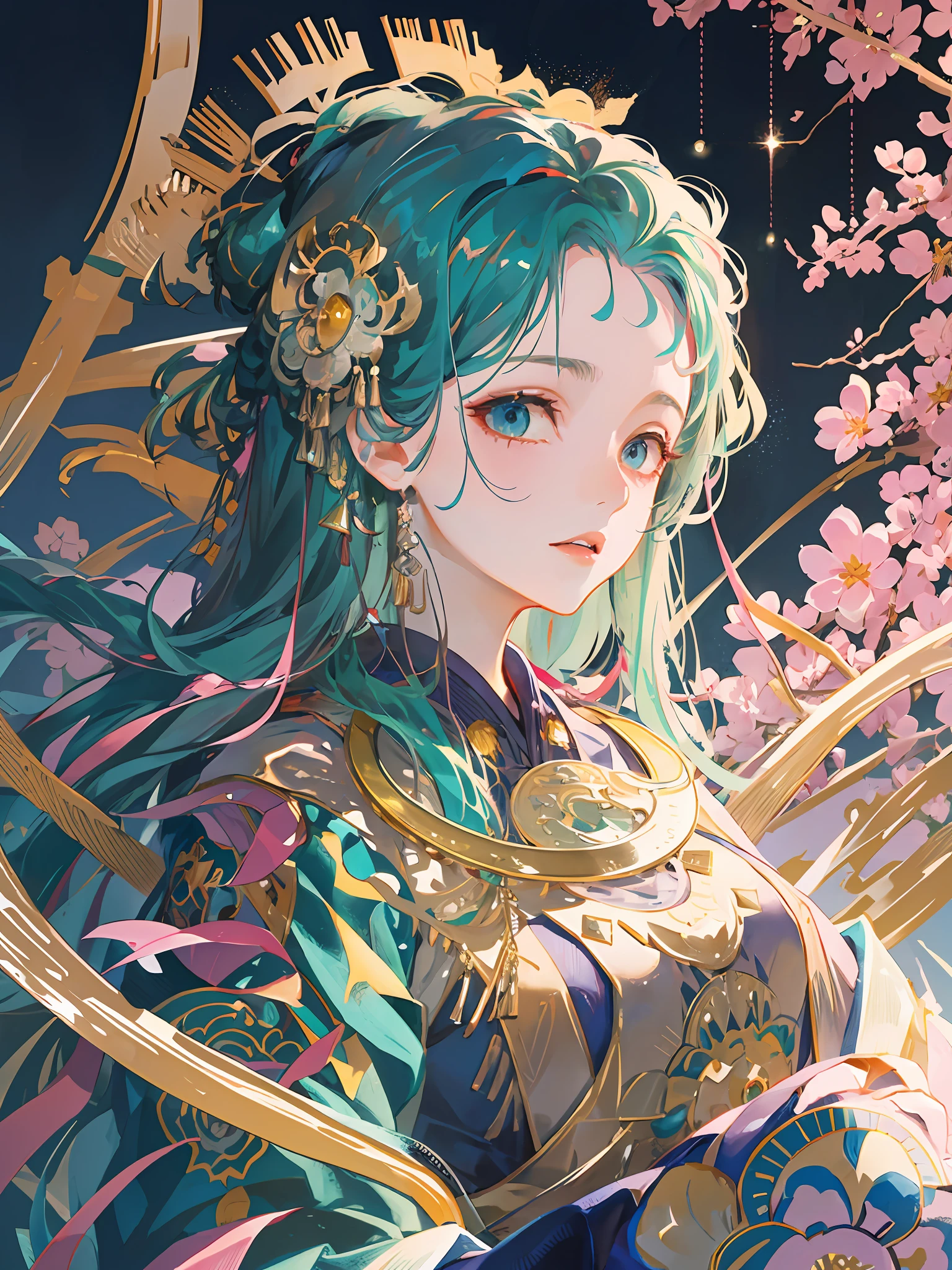 an illustration of a woman in traditional chinese costume, in the style of anime aesthetic, 32k uhd, blink-and-you-miss-it detail, beautiful, anime-inspired characters, beige and aquamarine, close-up,