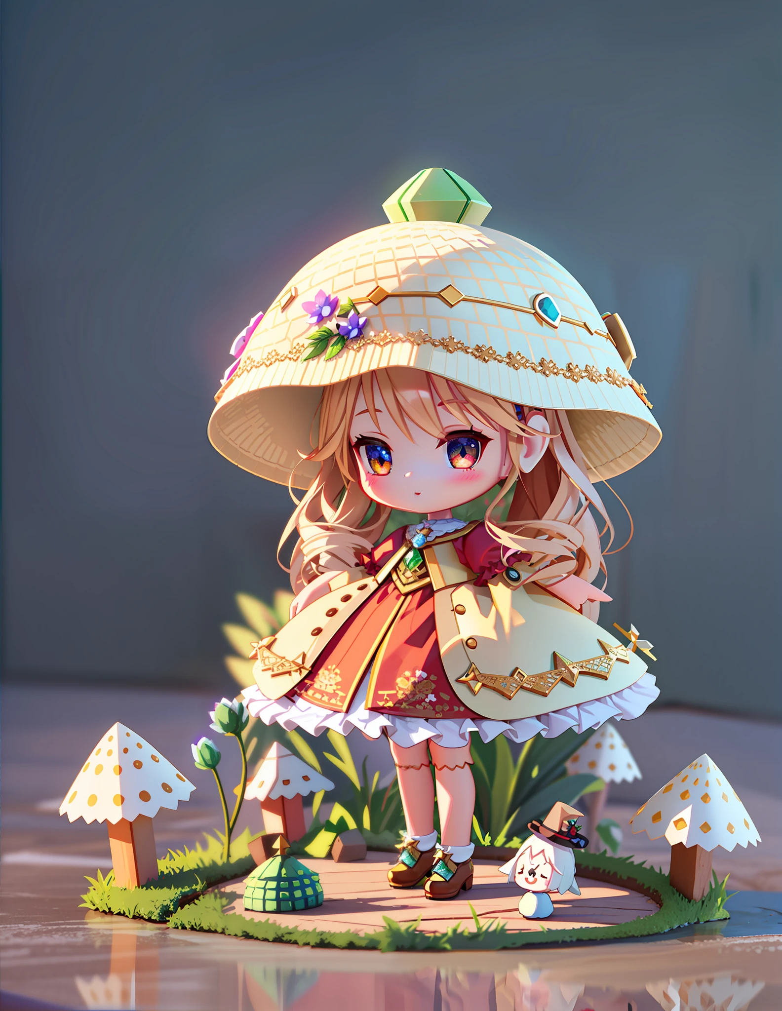 This is a little doll standing on the grass with a hat, very cute, detailed presentation with 3D rendering technology, digital art stylized expression. Render a cute 3D anime girl,
Stylized rendering, with the simultaneous appearance of a cute ceramic doll and a super detailed fantasy character, all presented in a stylized 3D rendering. There will also be cute images of forest creatures and digital art,
The background depicts the atmosphere of April.