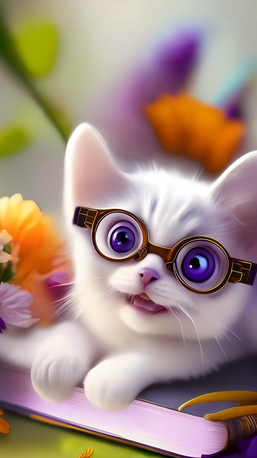 Very cute white tropicalpunk kitten lying on book, big eyes, glasses, open mouth, laughing, excitement, flowers, professional light, depth of field 8k, purple gold magic moment, professional photography, octane rendering, super realistic - amazing sunlight, dynamic composition, photography, sharp focus, background bokeh