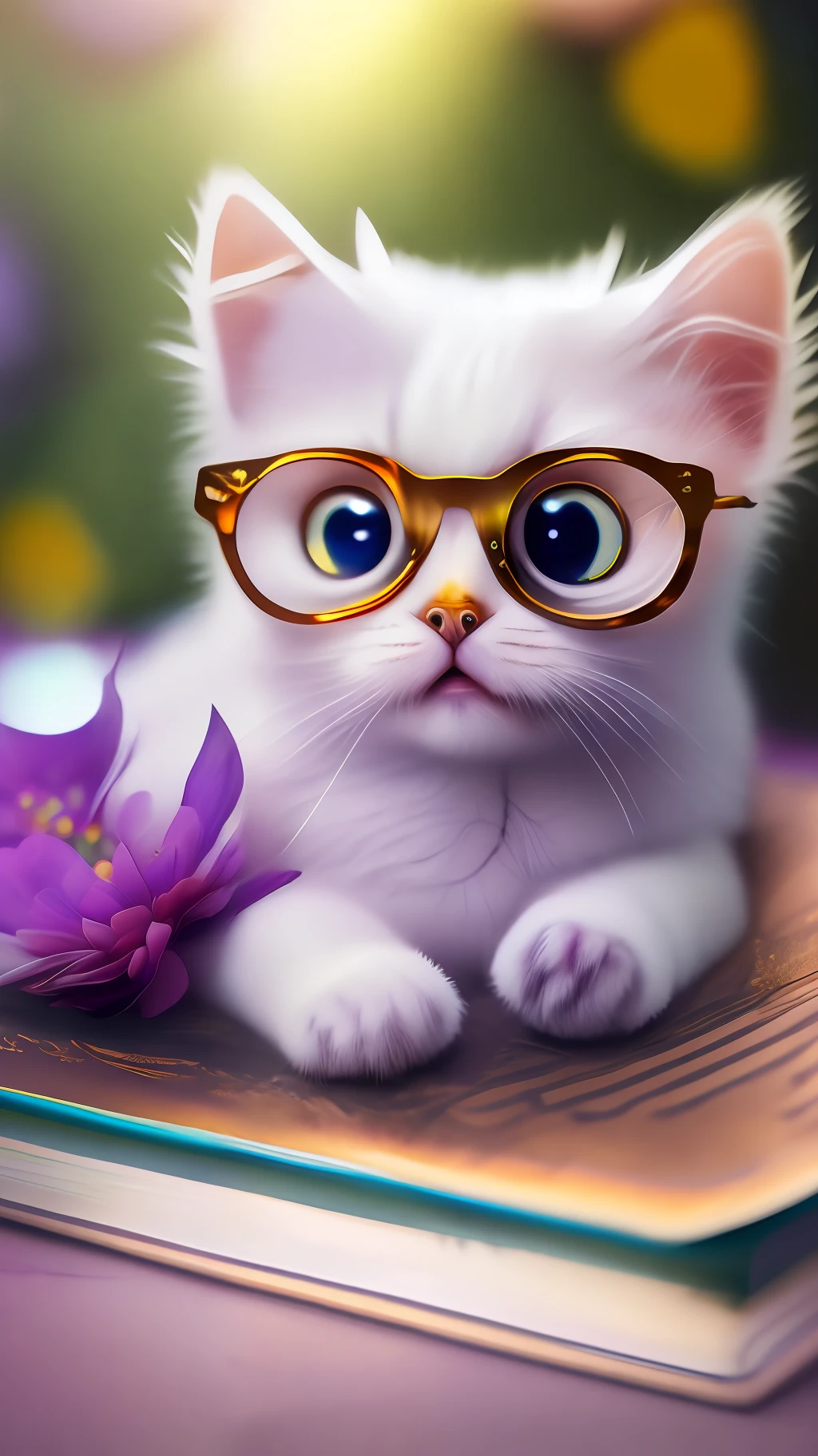 Very cute white tropicalpunk kitten lying on book, big eyes, glasses, open mouth, laughing, excitement, flowers, professional light, depth of field 8k, purple gold magic moment, professional photography, octane rendering, super realistic - amazing sunlight, dynamic composition, photography, sharp focus, background bokeh
