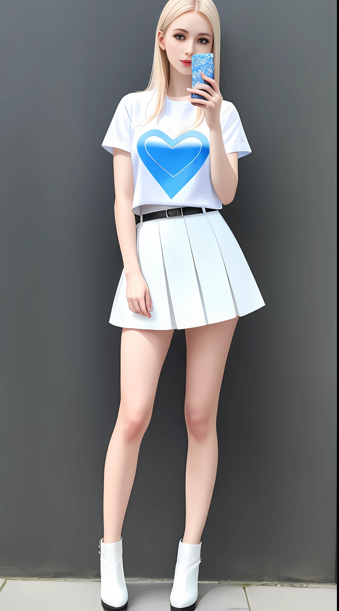 A standing white-skinned girl wearing white clothes and miniskirt holding a mobile phone selfie, full body photo, pale skin, white short-sleeved shirt, miniskirt, long legs, arrow leather shoes, left hand holding mobile phone, mobile phone blocking half of the face, right hand made a Y-shaped gesture, pure blue background, beautiful digital artwork, realistic effect, high texture
