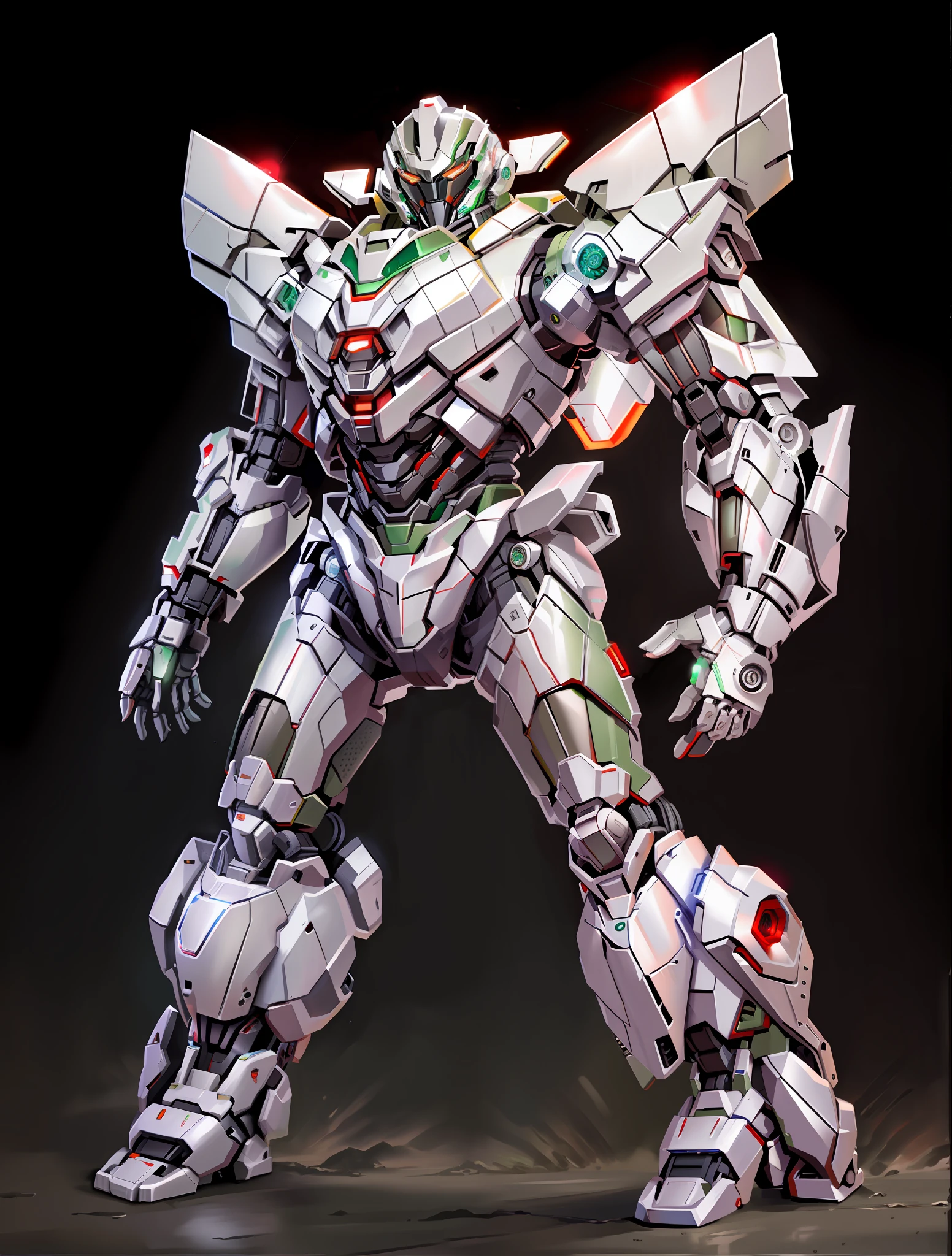 Robot, Transformer style, complex body, detailed portrayal, metal texture, sense of technology, green, red and white paint, realism, realistic, lighting, complex, car parts pressed on the body, legs and waist with tires, industrial metal style,