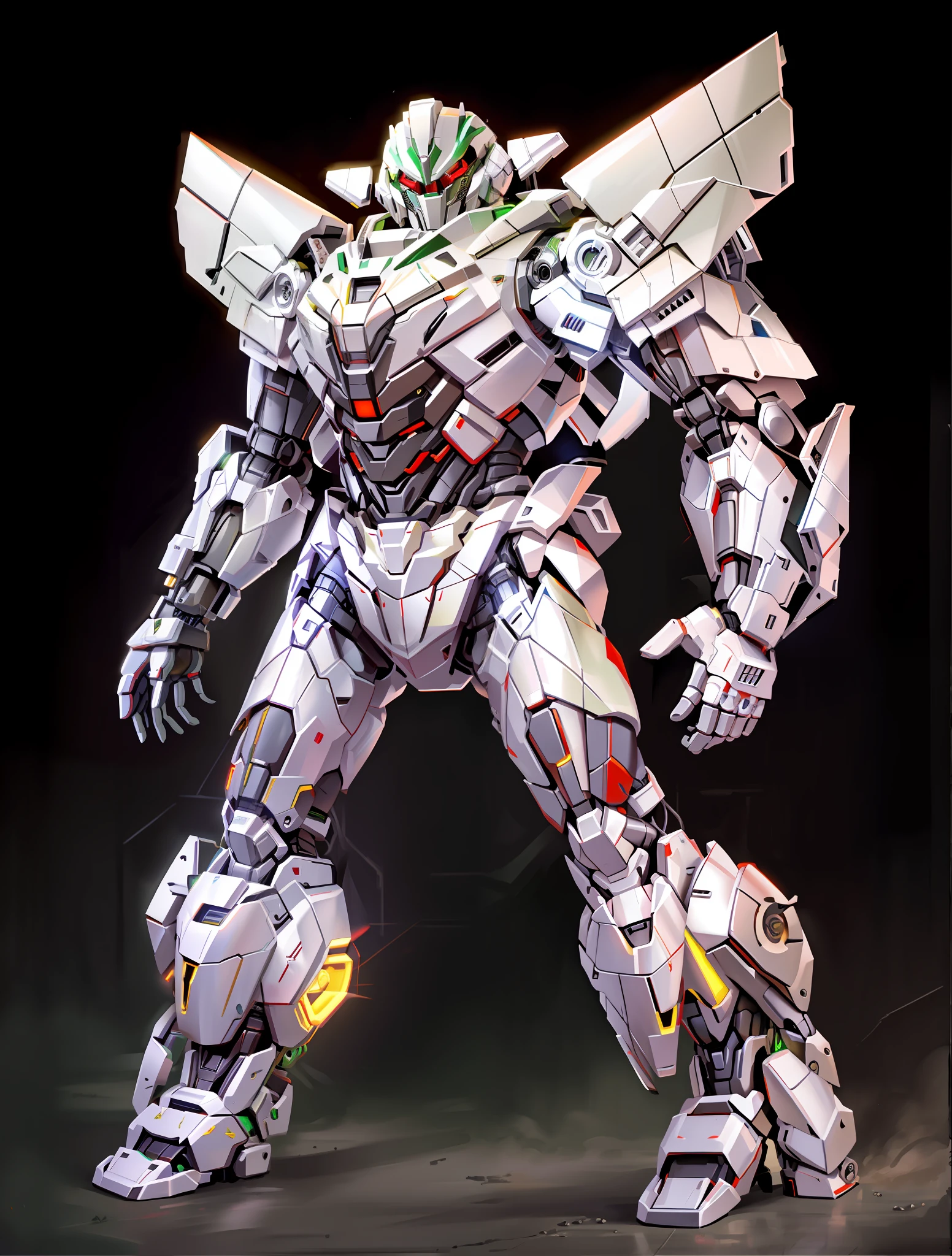 Robot, Transformer style, complex body, detailed portrayal, metal texture, sense of technology, green, red and white paint, realism, realistic, lighting, complex, car parts pressed on the body, legs and waist with tires, industrial metal style,