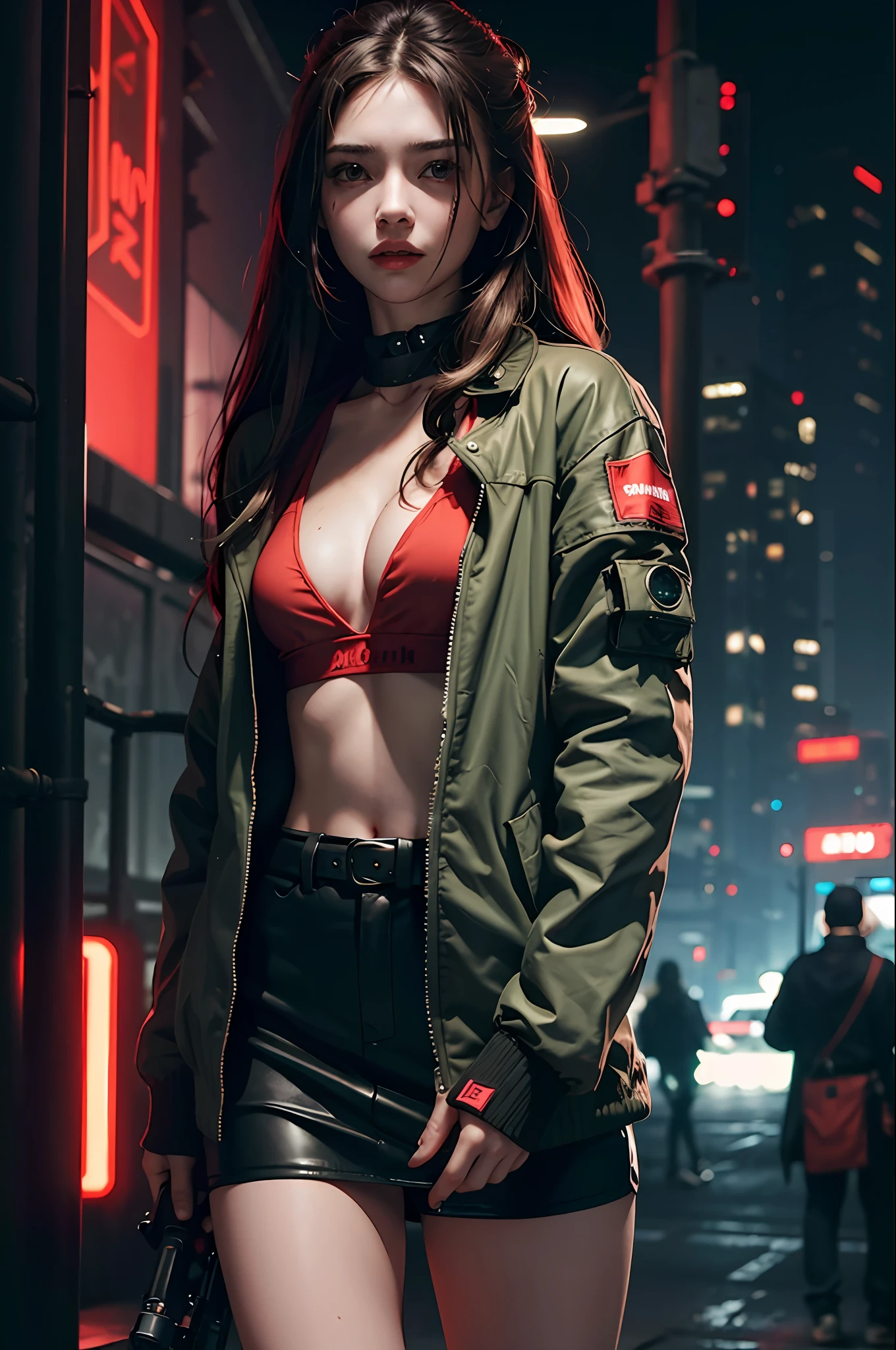 Beautiful girl breasts, wearing rugged jacket, long hair, machine arms in cyberpunk night scene, cyberpunk red green backdrop