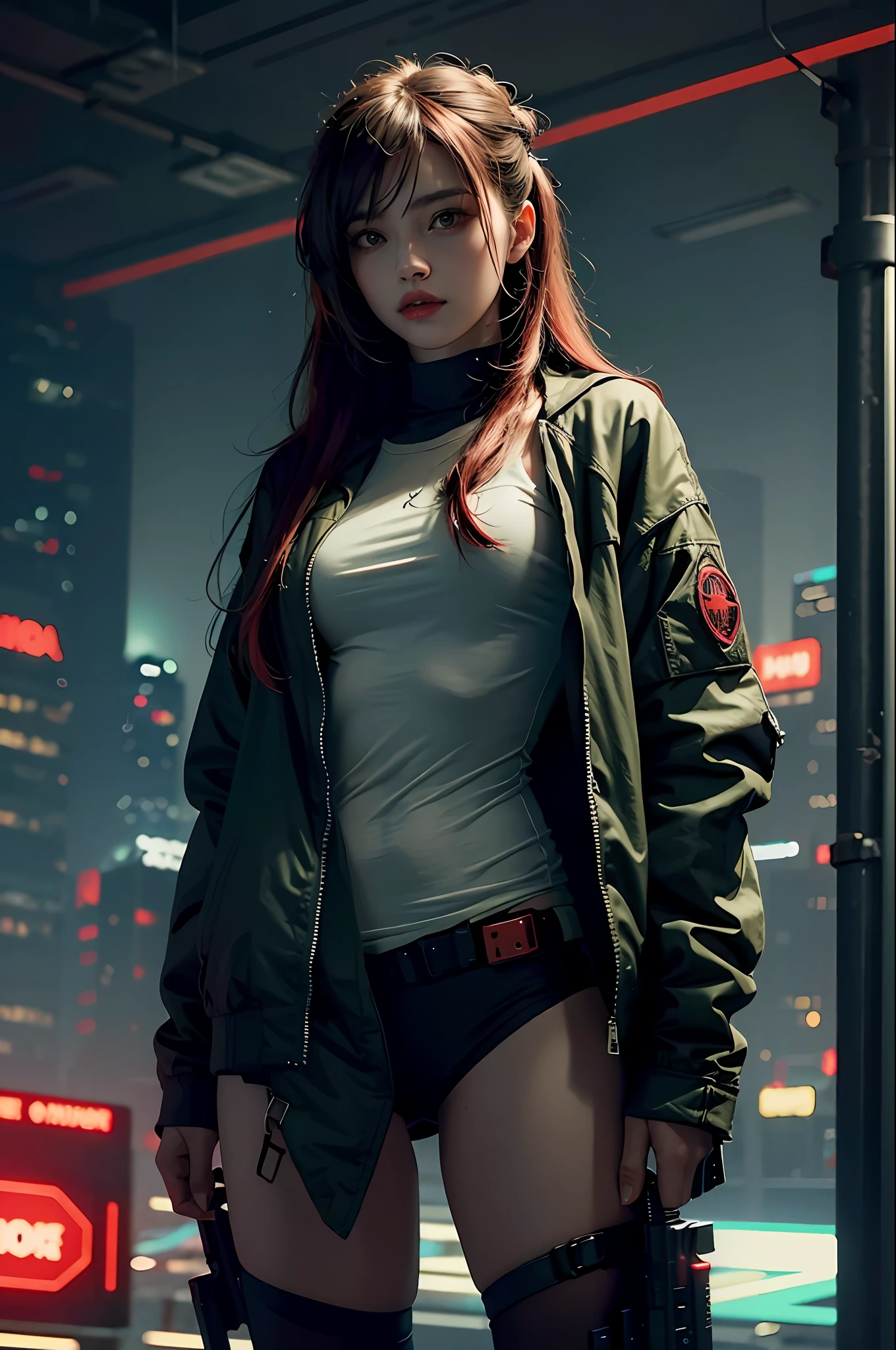 Beautiful girl small breasts, wearing rugged jacket, long hair, machine arms in cyberpunk night scene, cyberpunk red green backdrop