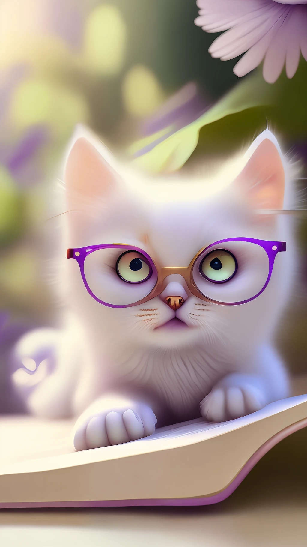 Very cute white tropicalpunk kitten lying on book, big eyes, glasses, open mouth, laughing, excitement, flowers, professional light, depth of field 8k, purple gold magic moment, professional photography, octane rendering, super realistic - amazing sunlight, dynamic composition, photography, sharp focus, background bokeh