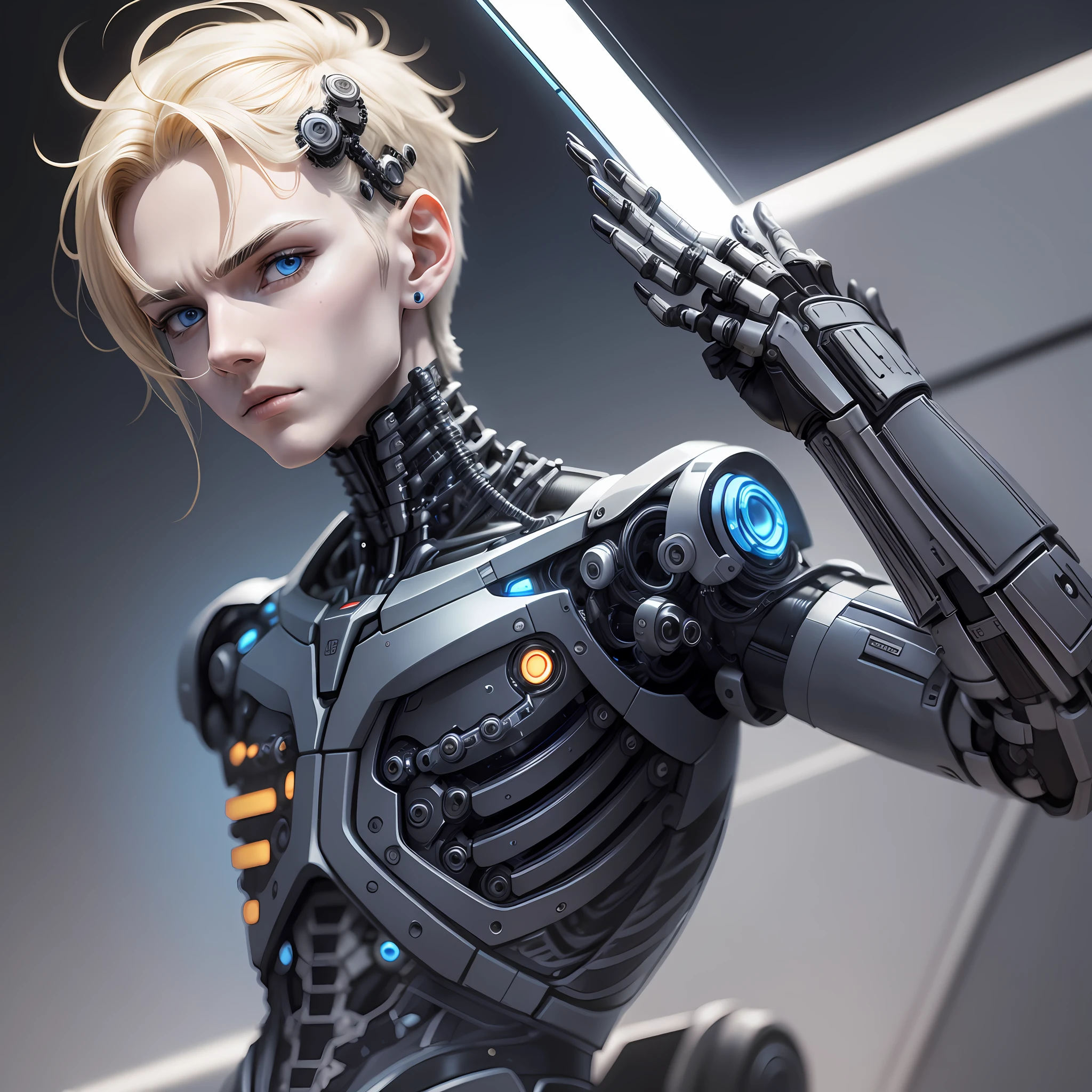 beautiful porcelain boy android face, slim black organic cyborg, black plastic, robotic parts, black mechanical body, arms prostheses, solo, machine-made joints, mechanical limbs, mechanical spine attached to the back, science fiction, the end times, cyberpunk, a 17-year-old cyborg boy with short blonde hair parted in the middle, blue eyes, straight face