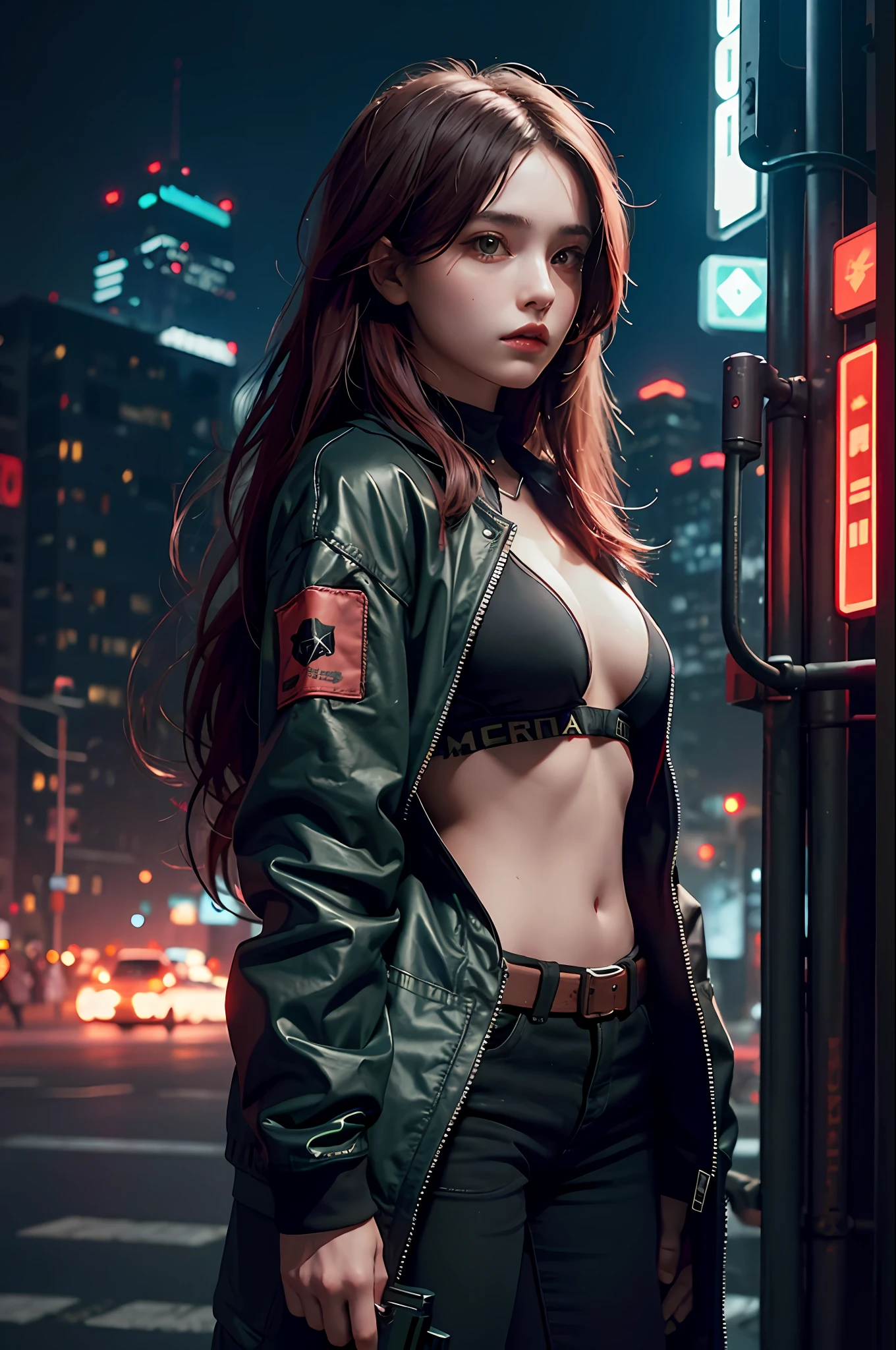Beautiful girl small breasts, wearing rugged jacket, long hair, machine arms in cyberpunk night city scene, cyberpunk night red green backdrop