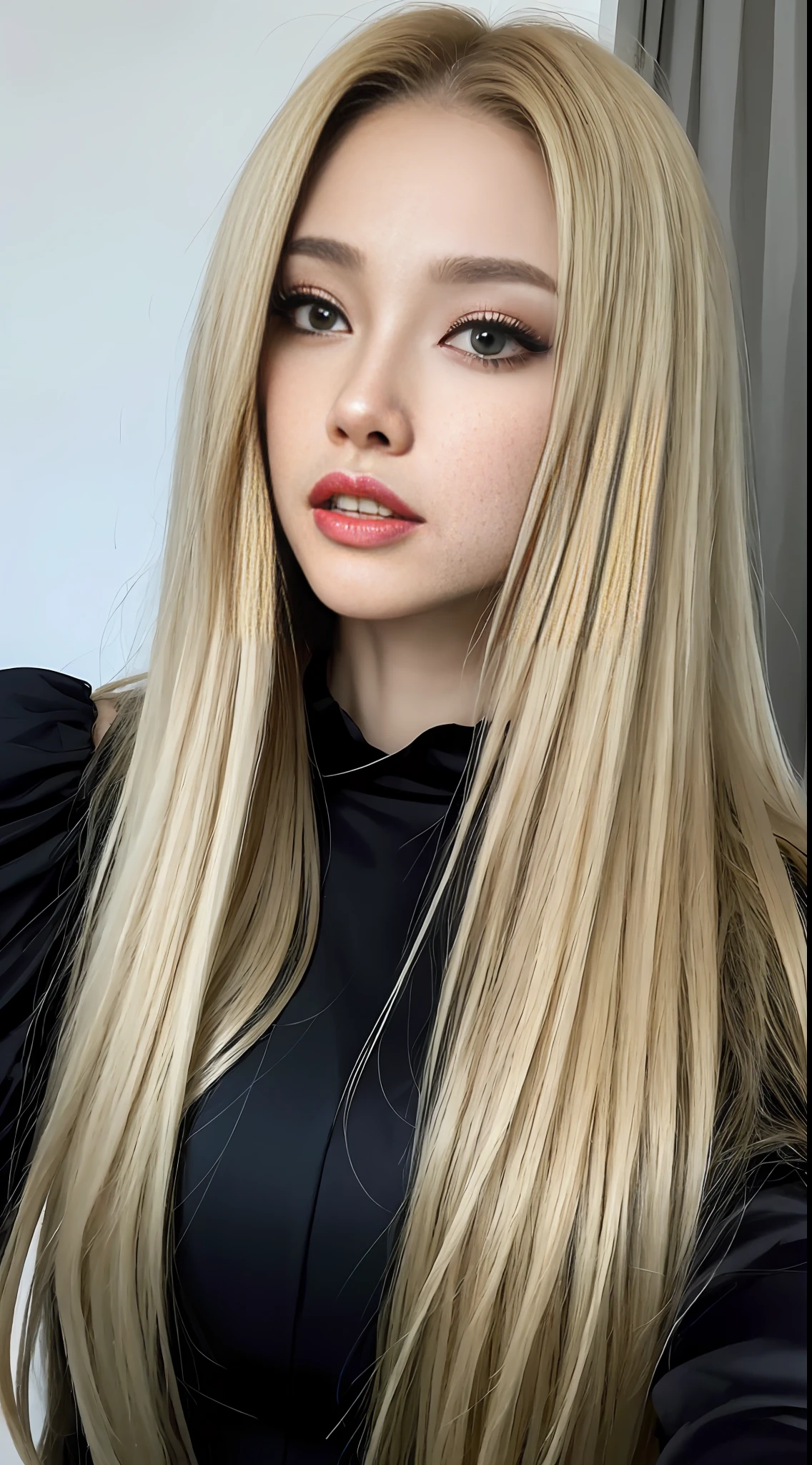 Long blonde hair in a black dress, close-up portrait of a woman with long blonde hair and big eyes, Yelena Belova, sexy girl with long blonde hair, Anastasia Ovchinnikova, Angelina Stroganova, Alexandra Waliszewska, long blonde hair and big eyes, Anna Nikonova aka New Milky, Dasha Taran, not too sexy, Very thin face
