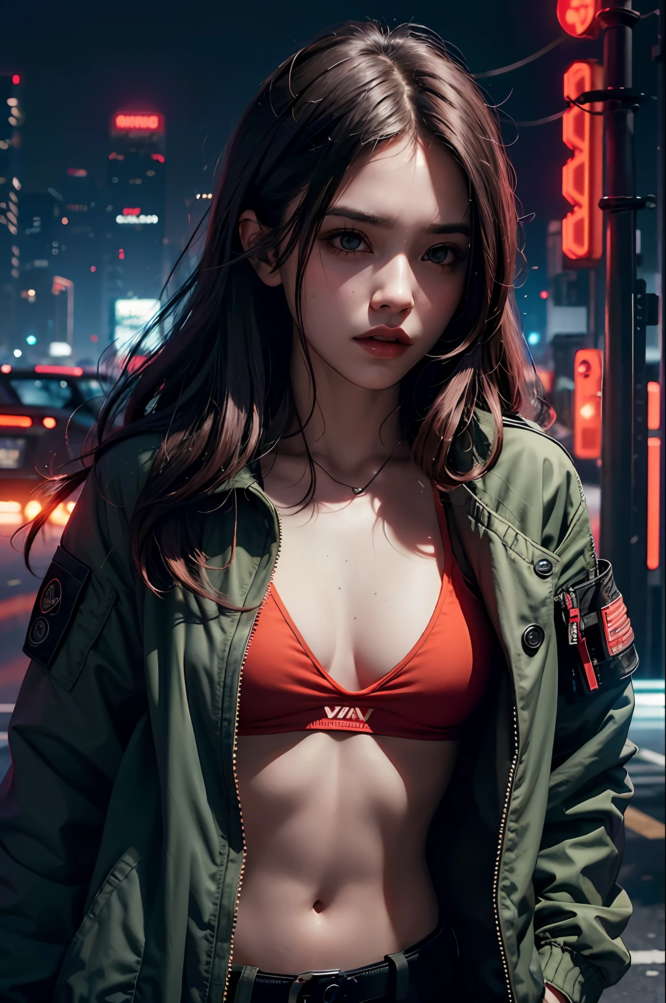 Beautiful girl small breasts, wearing rugged jacket, long hair, machine arms in cyberpunk night city scene, cyberpunk night red green backdrop