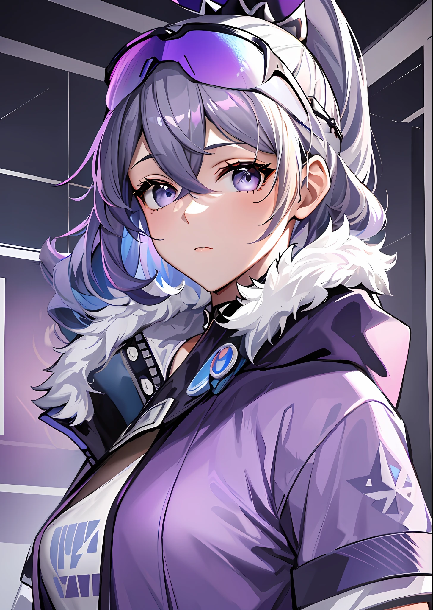 ((masterpiece)), super high quality, curly high ponytail girl, delicate female, gray hair, blue-purple gradient ski goggles, medium chest, sporty style, combination of white and purple, dynamic pose, golden section, large aperture portrait, cold tone, very impactful picture, extremely rich details, vivid eyes, upper body appearance, white space above the picture, obvious light and shadow contrast, sideways photo