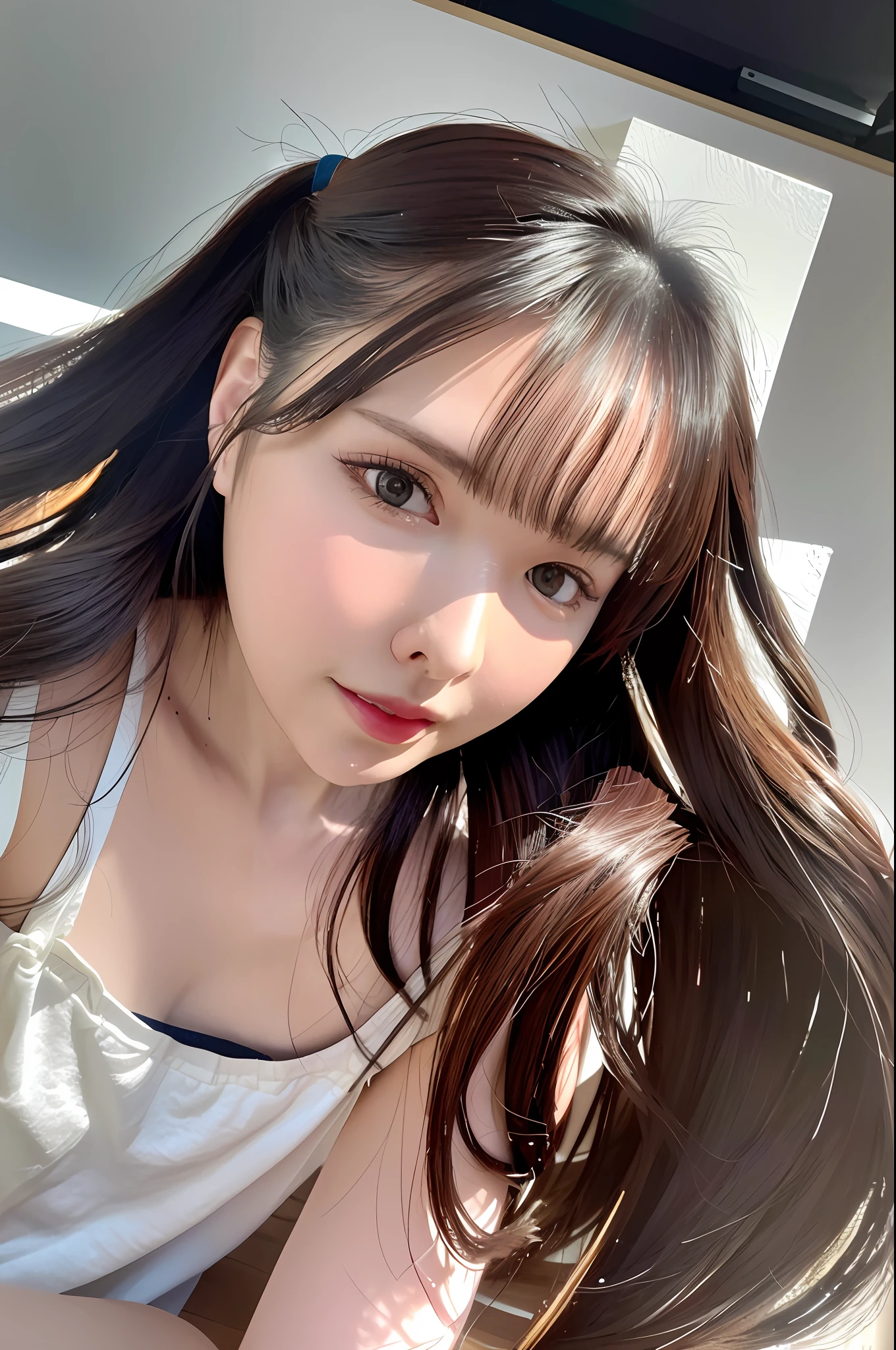 8K, Top Quality, Ultra Realistic, (Photorealistic: 1.37), ((Background, White Kent Paper)), High Resolution, 1 Girl, ((Bust Up)) (Tanktop: 1.5), (Floating Hair: 1.3), (Skin Dentation), (Professional Lighting), (Big: 1.2), Super Detail, (Shiny Skin: 1.25), (Plump: 1.25), (Blouse: 1.35), ( Light particles, lens flares, glowing particles: 0.6), (floating hair: 1.2), (studio photography: 1.15), soft lighting, (studio lighting), viewer watching, (small head: 1.47), pureerosface_v1