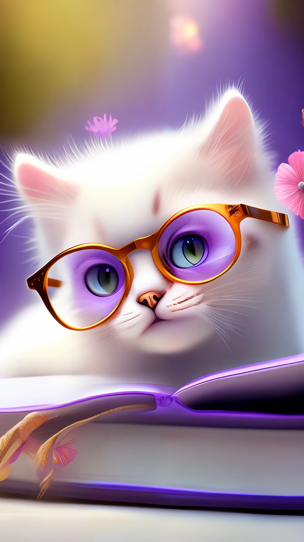 Very cute white tropicalpunk kitten lying on book, big eyes, glasses, open mouth, laughing, excitement, flowers, professional light, depth of field 8k, purple gold magic moment, professional photography, octane rendering, super realistic - amazing sunlight, dynamic composition, photography, sharp focus, background bokeh