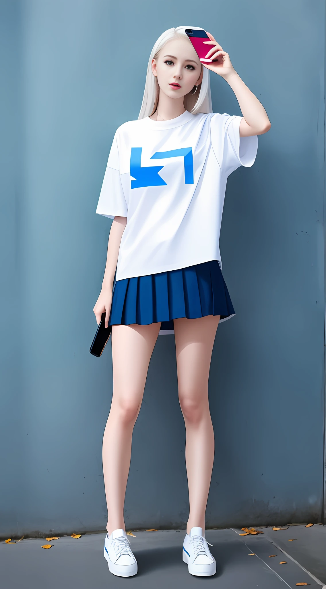 A standing white-skinned girl wearing white clothes and miniskirt holding a mobile phone selfie, full body photo, pale skin, white short-sleeved shirt, miniskirt, long legs, arrow leather shoes, left hand holding mobile phone, mobile phone blocking half of the face, right hand made a Y-shaped gesture, pure blue background, beautiful digital artwork, realistic effect, high texture