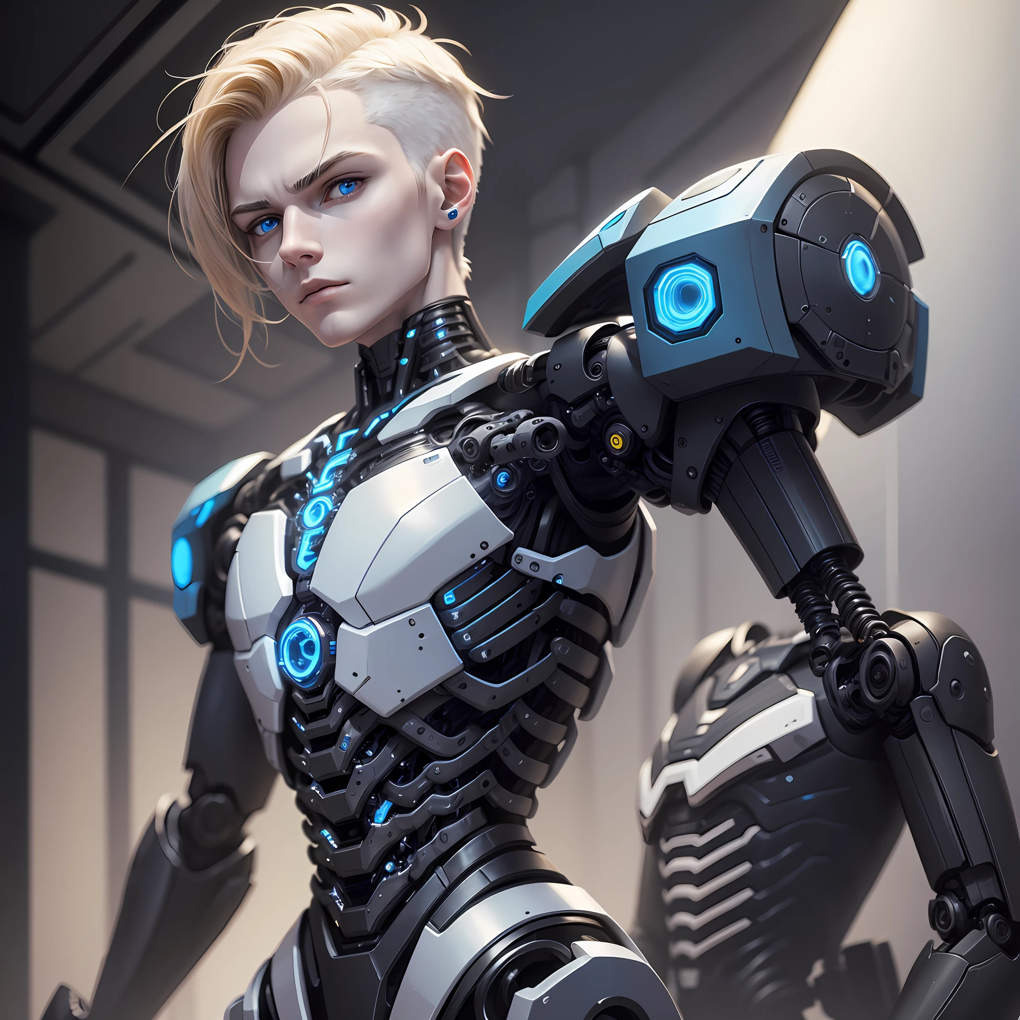 beautiful porcelain boy android face, slim black organic cyborg, black plastic, robotic parts, black mechanical body, arms prostheses, solo, machine-made joints, mechanical limbs, mechanical spine attached to the back, science fiction, the end times, cyberpunk, a -yeld cyg boy with short blonde hair parted in the middle, blue eyes, straight face