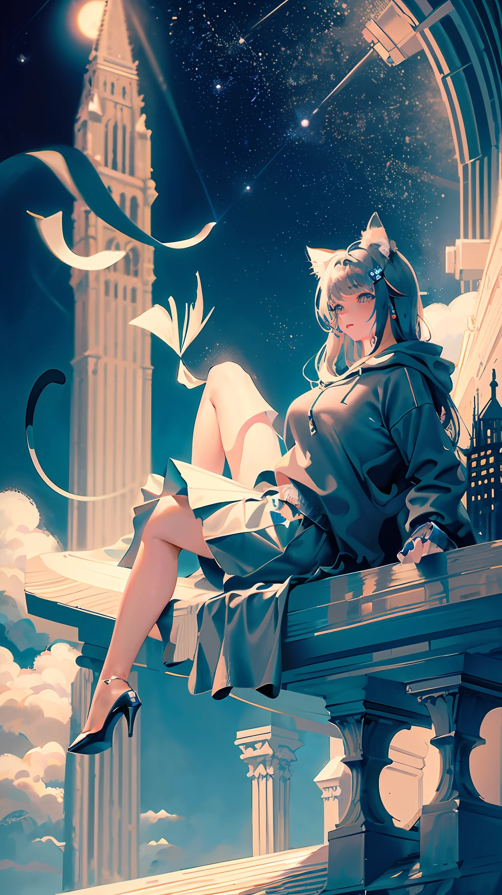 (a masterpiece),(high quality), (delicately drawn scene), (1girl), (stylish outfit:1.2, grey hoodie, skirt), (long hair), blue hair, (beautiful face) (cat ears), (cat's tail), (futuristic city), (balloons sailing in the sky), (starry sky), (many clouds), (full moon),(colorful)