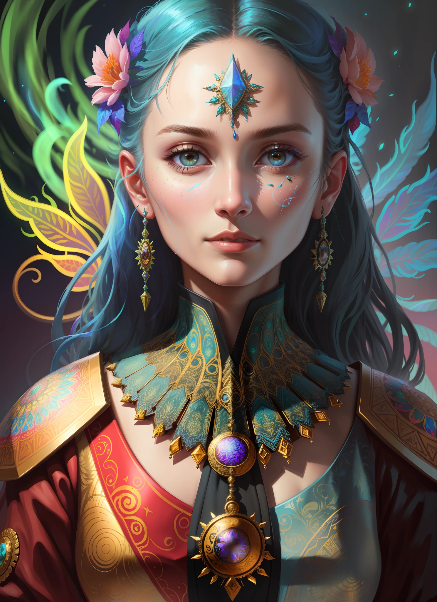 an extremely psychedelic portrait of a healer, surreal, LSD, face, detailed, intricate, elegant, agile, highly detailed, digital painting, art station, concept art, smooth, sharp focus, illustration