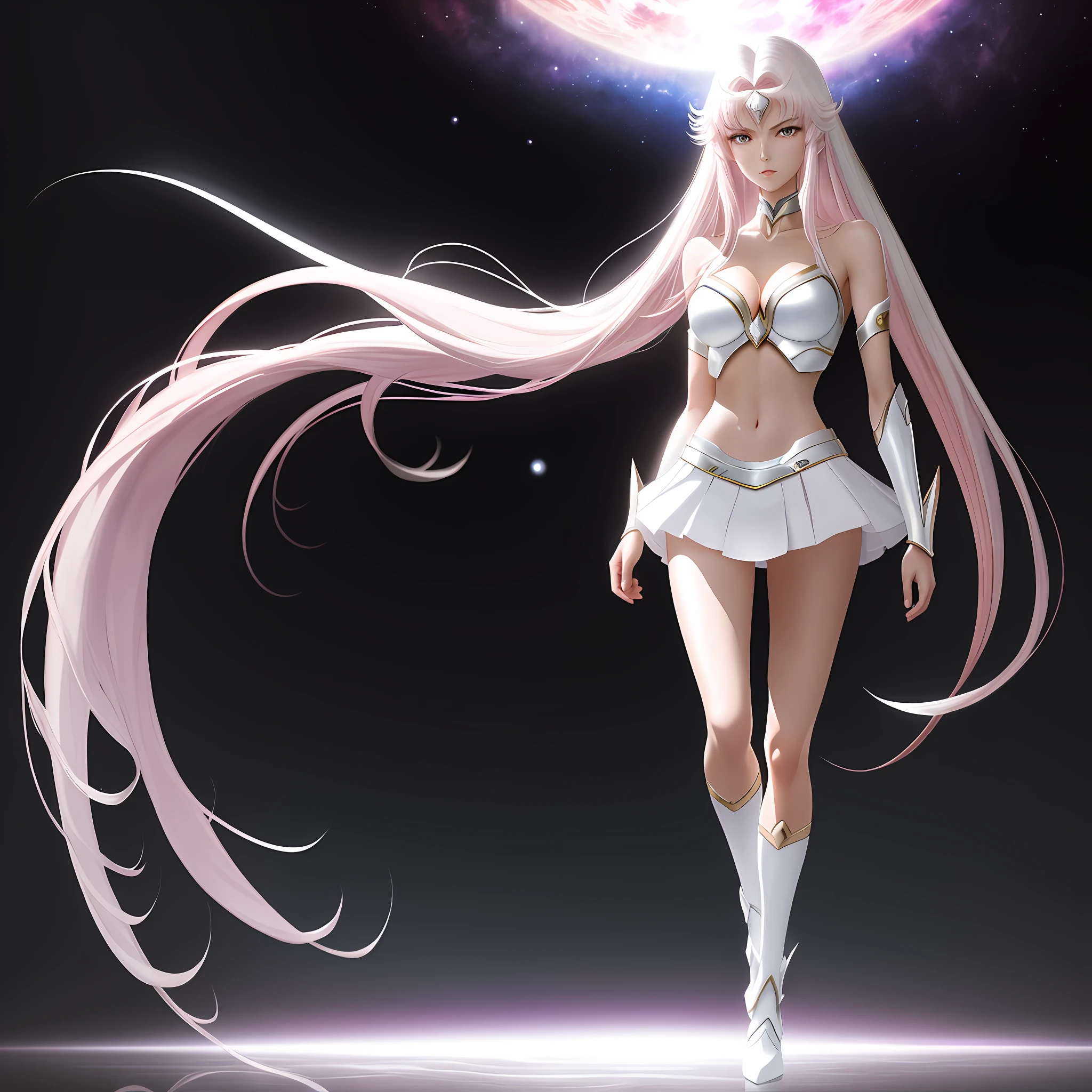 Saint Seiya-style 2D anime illustration, slender beautiful girl, full body portrait standing like a supermodel, lonely world, dark space with nothing, gorgeous and sexy white lingerie, navel, overexposed, high leg, socks above the knee, protector on shoulders, asymmetrical costume, pink long hair, slender collarbone, side wrinkles, thighs, white T-back, slim, chest, cleavage, ultra-thin ultra mini skirt, watercolor touch, emerging nipple shape