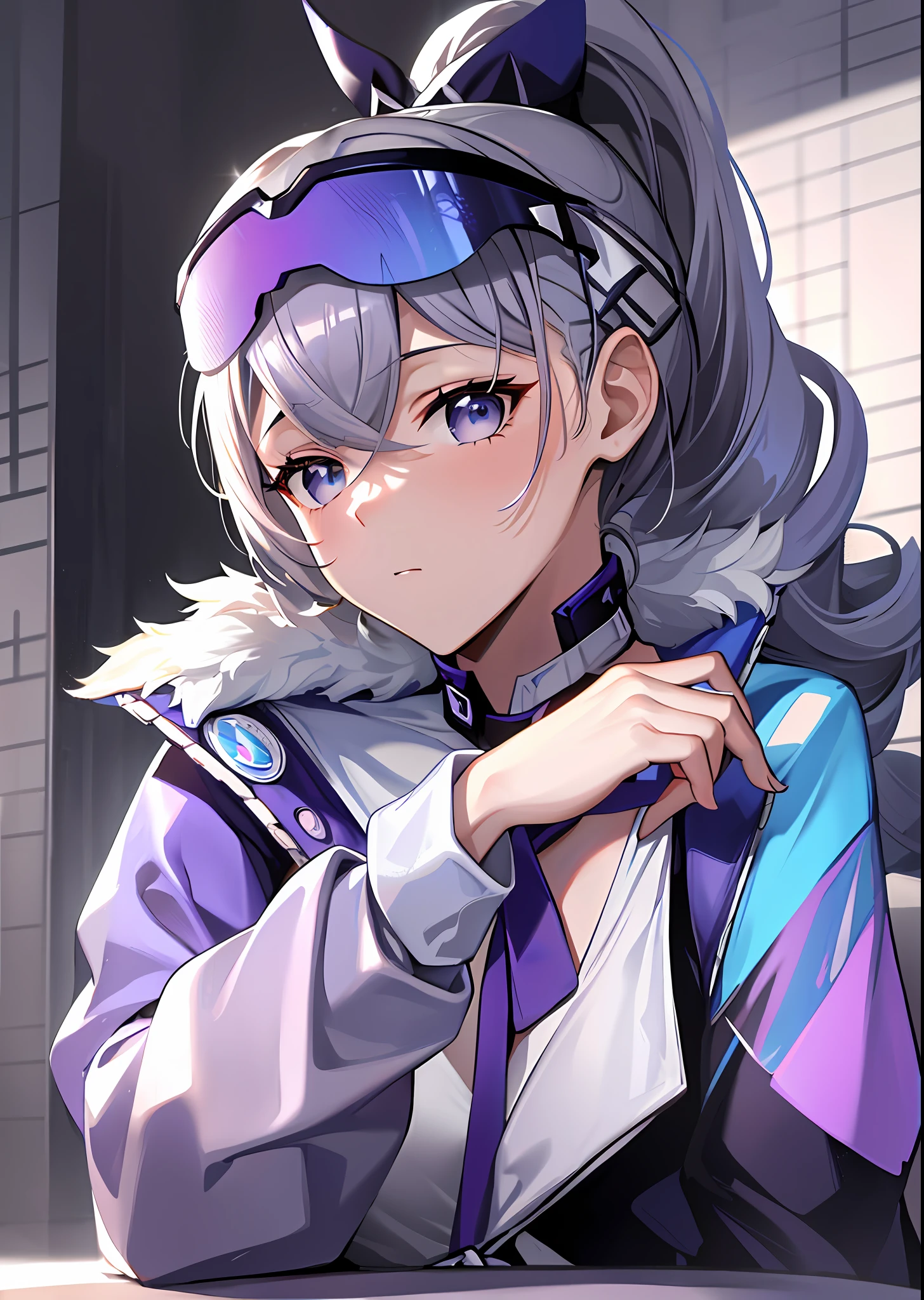 ((masterpiece)), super high image quality, curly high ponytail girl, delicate woman, gray hair, blue-purple gradient ski goggles, white shirt, white and purple combination, dynamic pose, golden section, large aperture portrait, cold tone, very impactful picture, extremely rich details, vivid eyes, upper body appearance, white space above the picture, obvious contrast between light and shadow, sideways photo