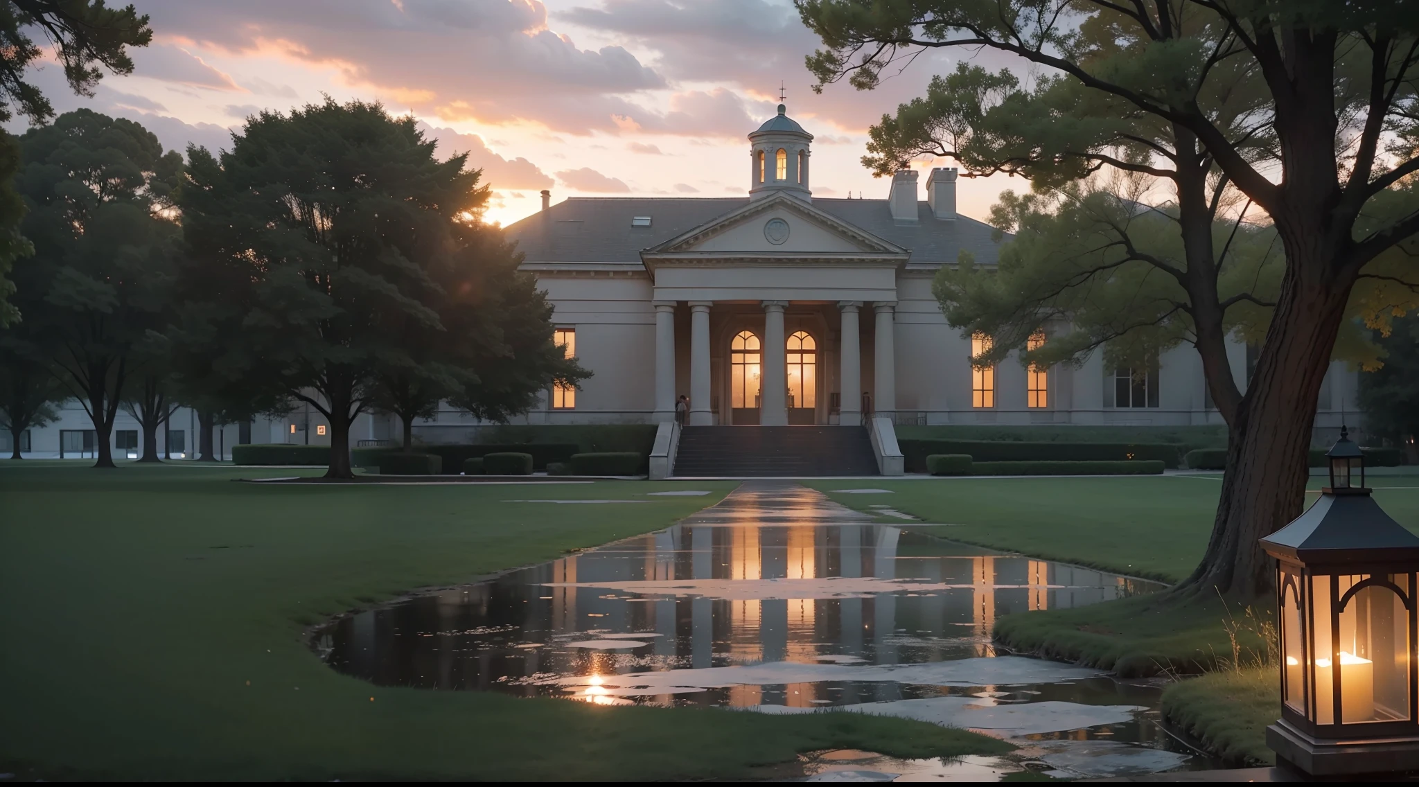 On a campus full of fantasy, time seems to stand still, as if everything is slowly spreading. The space is filled with a timeless atmosphere, and the environment is as mysterious as a dream. The sunset glow spills over the campus, adding a touch of warmth and hope to this sad farewell scene.