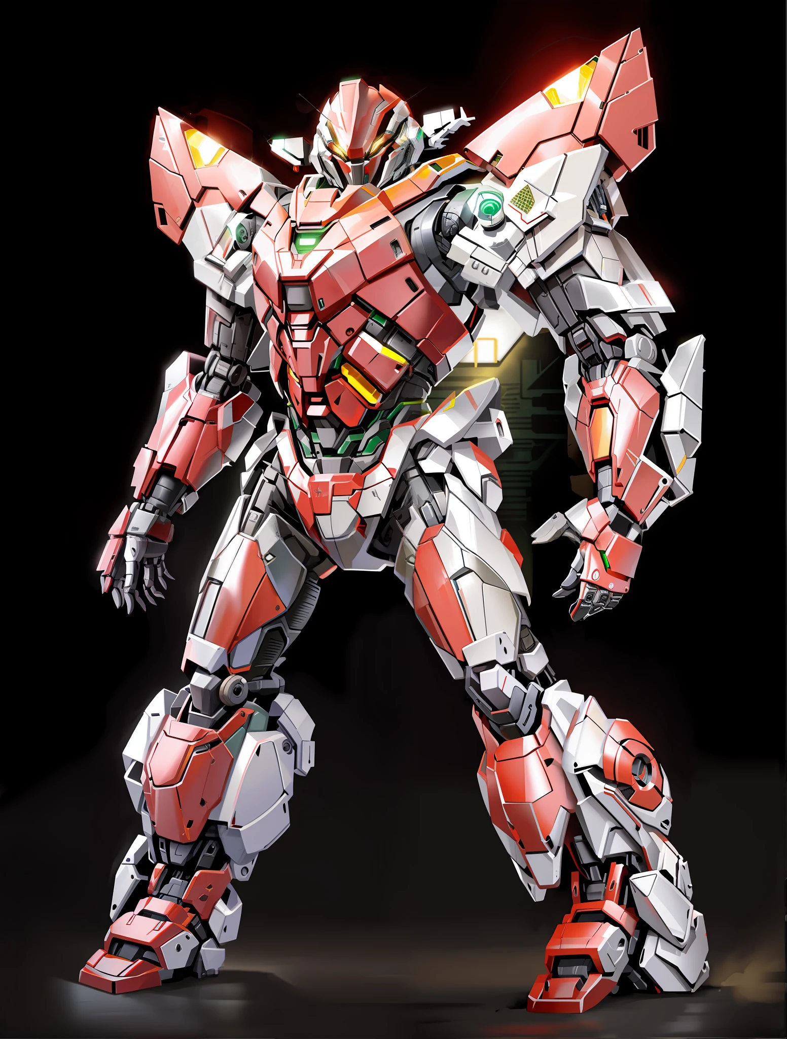 Robot, Transformer style, complex body, detailed portrayal, metal texture, sense of technology, green, red and white paint, realism, realistic, lighting, complex, car parts pressed on the body, legs and waist with tires, industrial metal style,