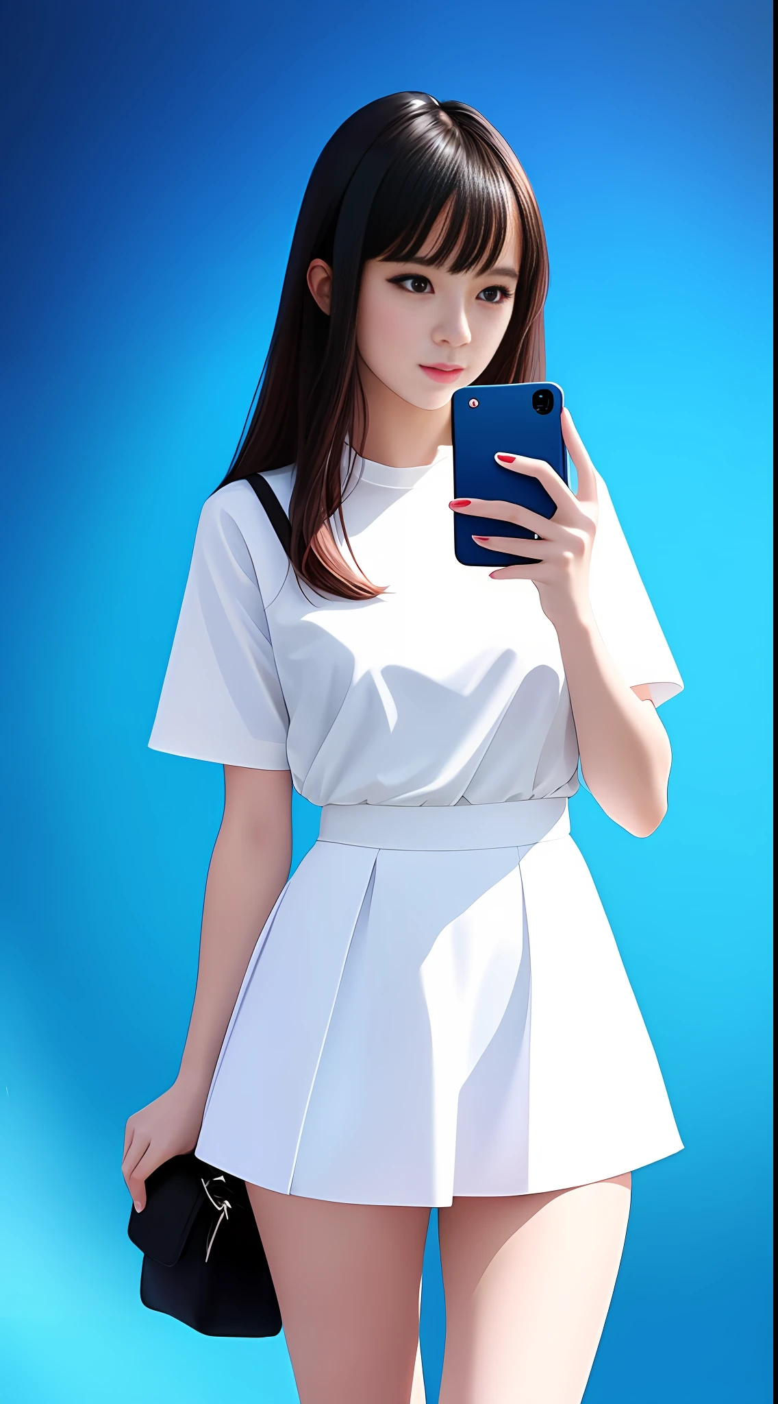 A standing white-skinned girl wearing white clothes and miniskirt taking a selfie with a mobile phone, full body photo, pale skin, white short-sleeved shirt, miniskirt, long legs, black pointed scalp shoes, holding a mobile phone in her left hand, the mobile phone blocked half of her face, her right hand made a Y-shaped gesture, pure blue background, beautiful digital artwork, realistic effect, high texture