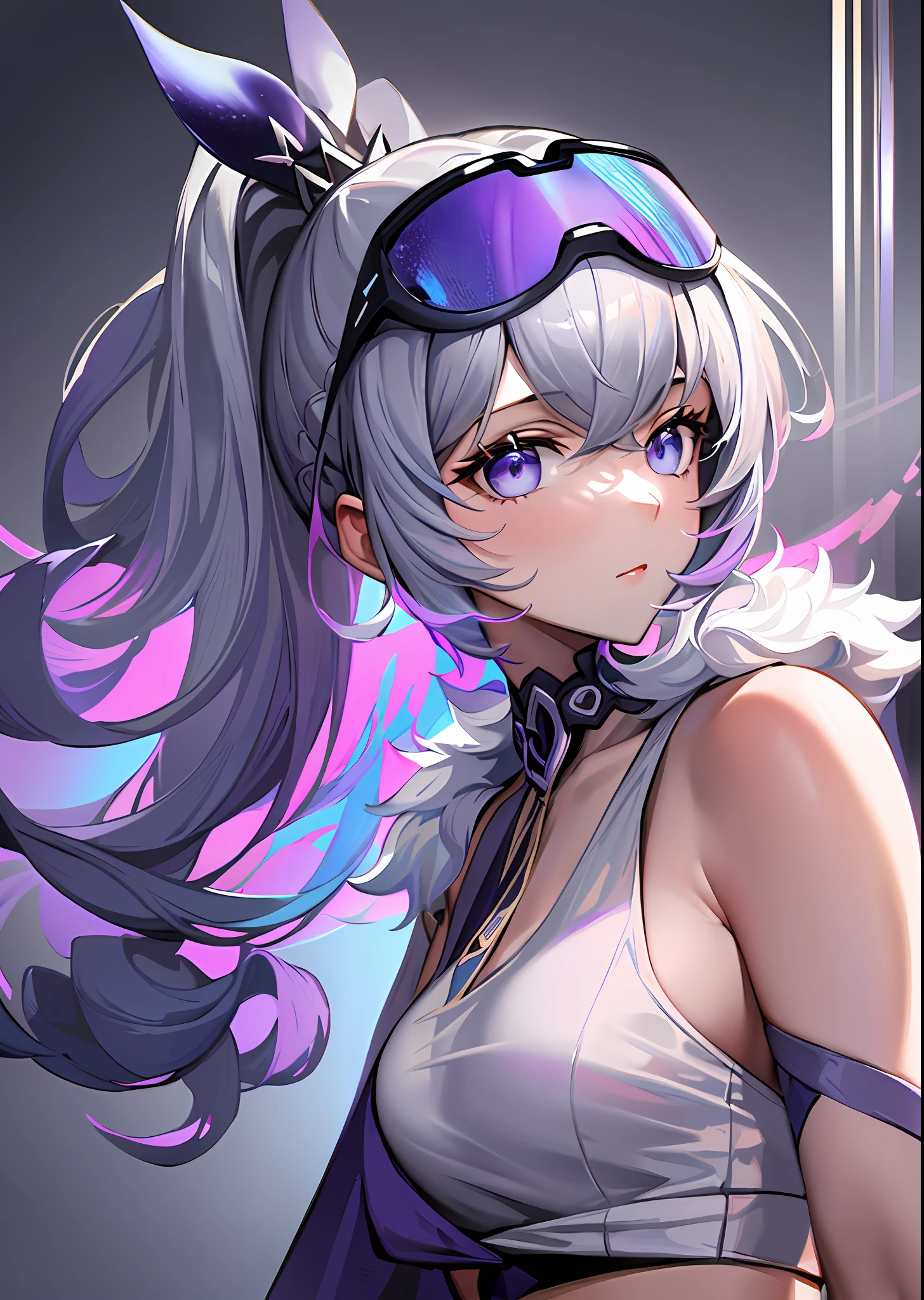 ((masterpiece)), super high quality, curly high ponytail girl, delicate woman, gray hair, casual wear, blue-purple gradient ski goggles, white shirt, white and purple combination, dynamic pose, golden section, large aperture portrait, cold tone, very impactful picture, extremely rich details, beautiful eyes, upper body appearance, white space above the picture, strong light and shadow, side photo, exquisite illustrations