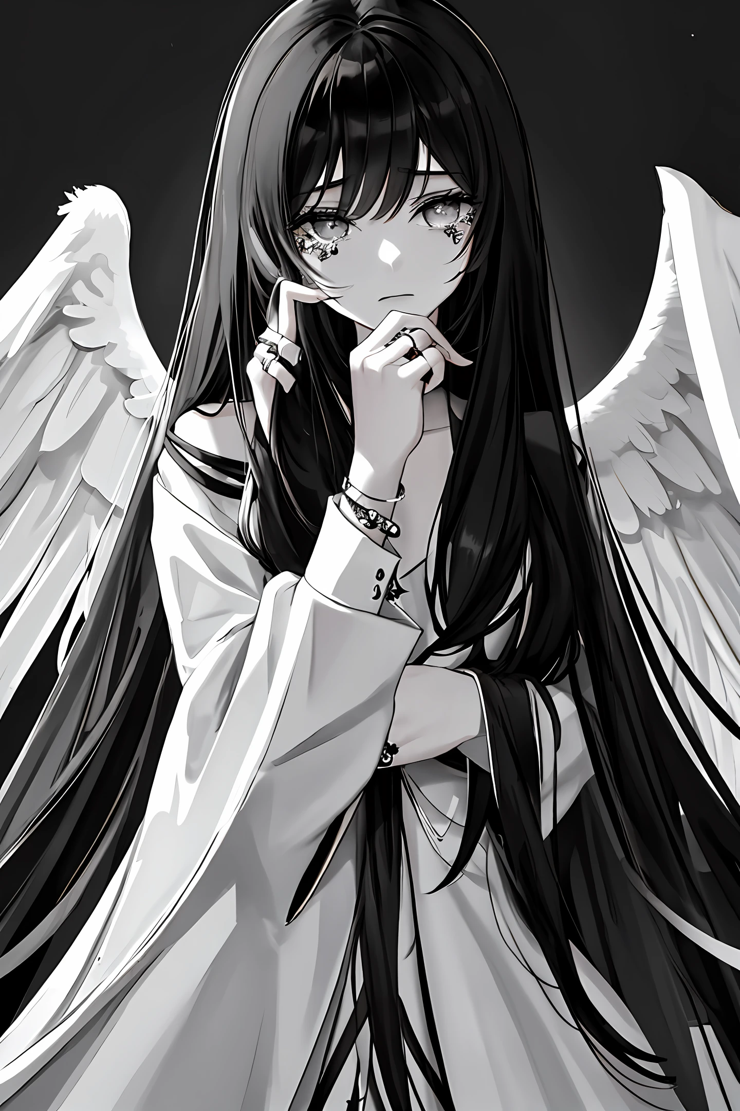Black and white coloring, gloomy black atmosphere, a picture of a young girl with a beautiful face, he has an angel ring ring, there are cracks in the ring as if he is about to break, the girl cries hard and his eyes tear with black tears, the girl has black wings, I give a lot of faction, paper drawing, increase accuracy by four times
