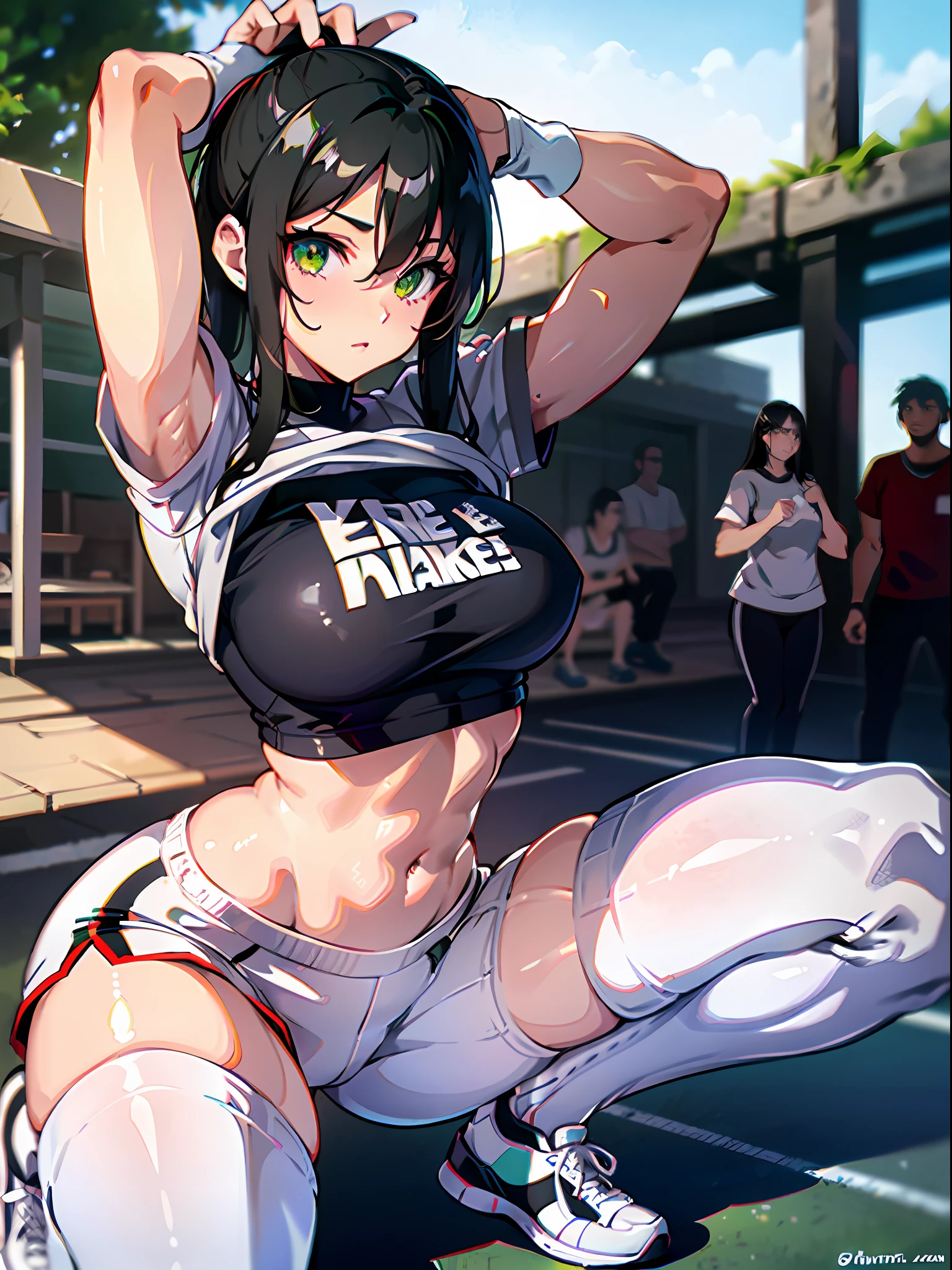 Green eyes, long black hair, crop top, white sweatpants, female karate, hair tie, sneakers, white stockings, muscles