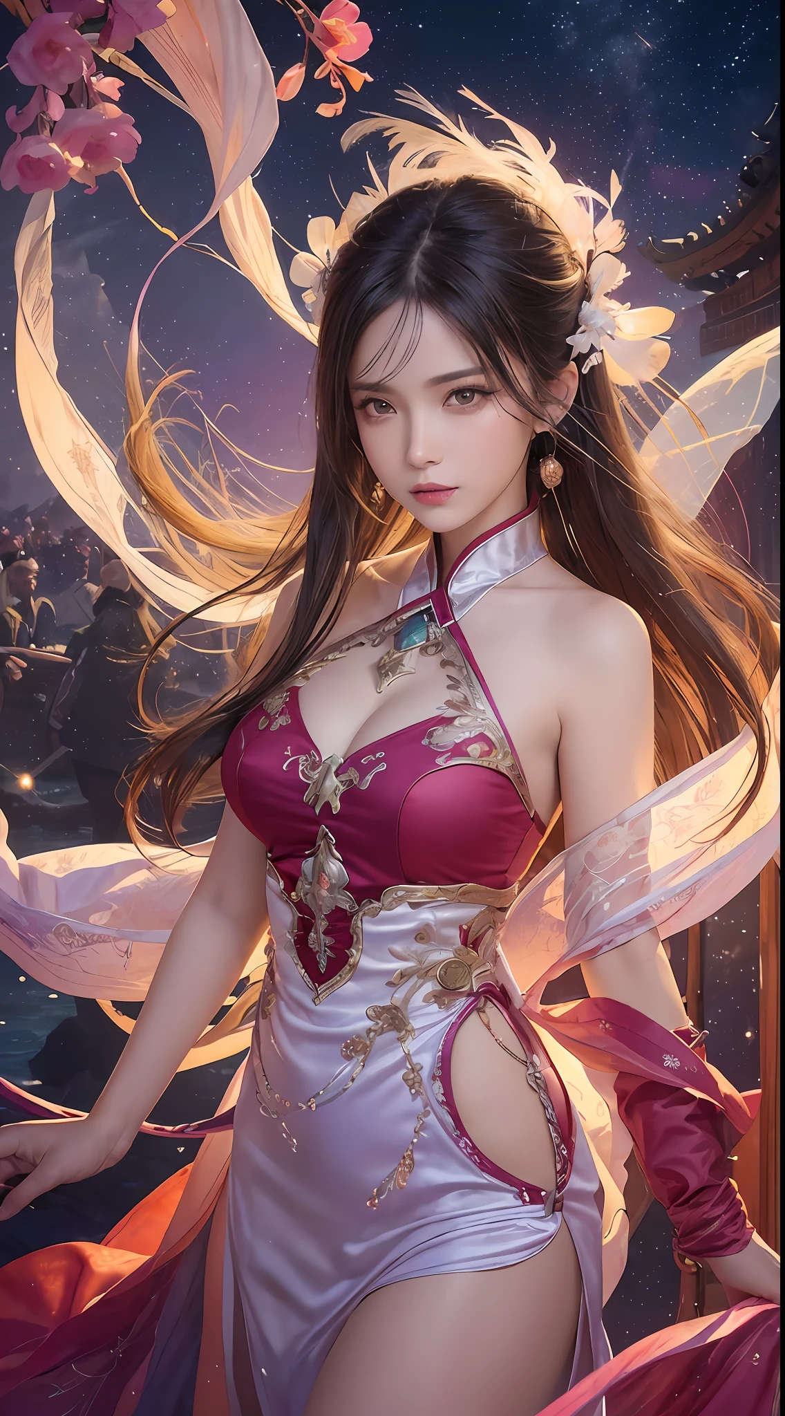 (Masterpiece, Top Quality, Best Quality, Ultimate Detail, Supreme Detail, Official Art, Beauty and Aesthetics: 1.2), Asian Girl, Cocked Asto, Waiting for Back, Bare Thighs, Bare Pubic Hair, Bared Vagina, Revealing Beautiful Pubic Hair, Color, Upper Body Shot, Beautiful Face, Solo, Perfect Figure, Flying in the Sky, Portrait of a Girl, Silver Gradient Hair, Brunette Hair, Fairy, Flowing Streamers, (Sexy, Show As, Show Tits: 10), Sun Rays, Clouds, Hanfu, Chinese Clothes, Water, Fireflies , night, starry sky, jewelry, feathers on dress, peacock feathers, light particles, volumetric illumination, ray tracing (flowing streamers: 1.1), (fantasy: 1.2), illuminator, stars, fantasy, high contrast, ink strokes, overexposure, purple and red tone impressions, abstract, (watercolor paintings by Berkey and Jerey Maiman)) brush strokes,