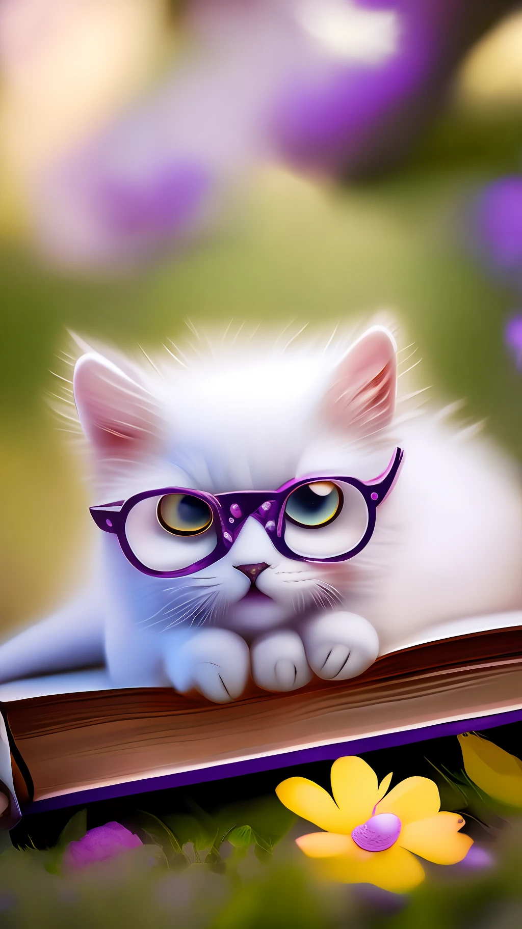 Very cute white tropicalpunk kitten lying on book, big eyes, glasses, open mouth, laughing, excitement, flowers, professional light, depth of field 8k, purple gold magic moment, professional photography, octane rendering, super realistic - amazing sunlight, dynamic composition, photography, sharp focus, background bokeh