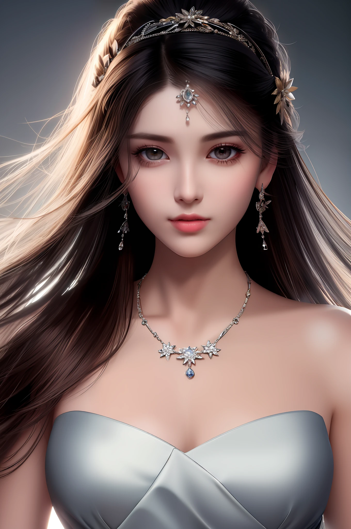 Best quality, masterpiece, high resolution, shot of 1 girl, wearing porcelain dress, hair accessories and necklace, jewelry on forehead, beautiful face, conscientious body showing Tyndall effect, amazing realistic detail, shot in dark studio , edge lighting presentation, dual-tone lighting adjustment, high-detail skin focus (x1.2), 8k uhd resolution, high-end dslr camera, soft light and gentle style, high-quality and sophisticated production, volumetric lighting, khaki with sneak peek One corner produces unique and different high-resolution photo effects, 4k and 8k resolution output, and the background blur is perfect.Extreme close-up. Piercing gaze. Full lips. Face of gorgeous woman. Contrast of light and dark. Dynamic angle. Studio. f/11 --ar 2:3 --q 2 --style raw, 1girl, hair ornament, necklace, jewelry, Beautiful face, upon body, tyndall effect, photo realistic, dark studio, rim lighting, two tone lighting, (high detailed skin:1.2), 8k uhd, dslr, soft lighting, high quality, volumetric lighting, candid, Photograph,Bokeh, medium breasts, open fingers,