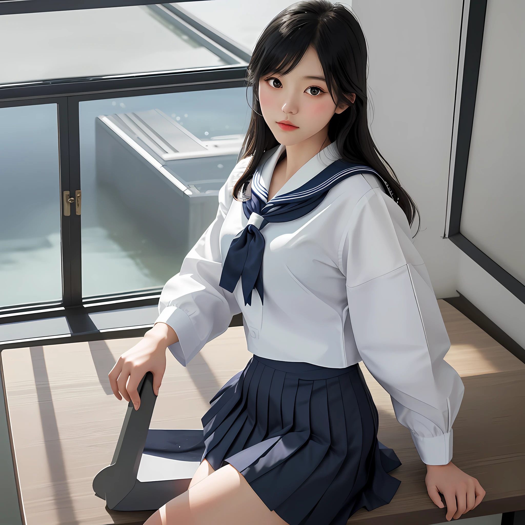 Top quality, looking down on the viewer, Japan school, Japan schoolgirl, ultra-realistic pictures, Japan uniform, sailor suit, white shirt, navy blue skirt, miniskirt, black hair, mature beautiful girl, looking inside skirt, glamorous beauty, composition peeking out from below, legs crossed, accentuated thighs, falling out of place