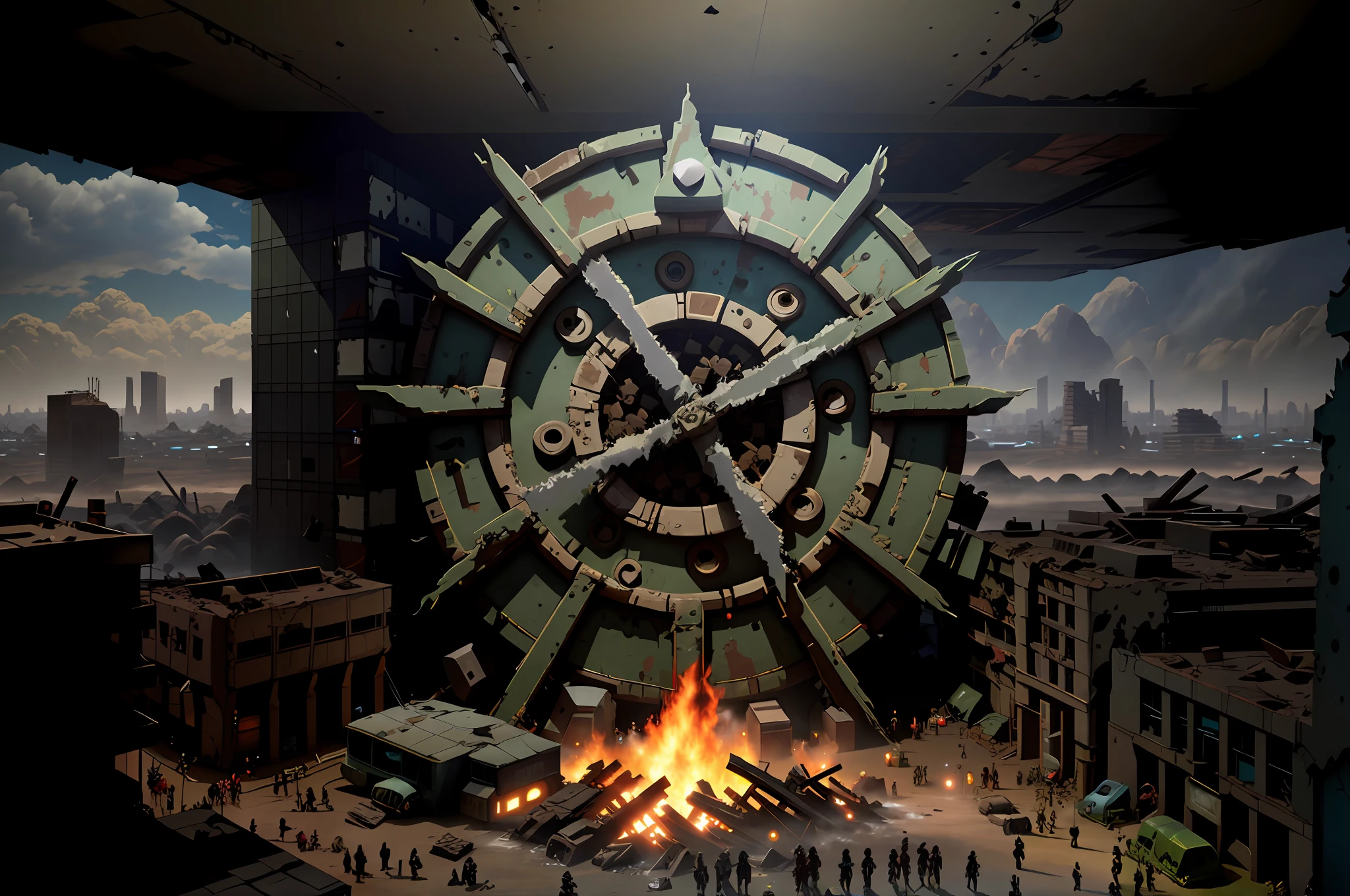 post-apocalypse, ruined city, (physically based render), ((crowds of people)), ((tiny people))