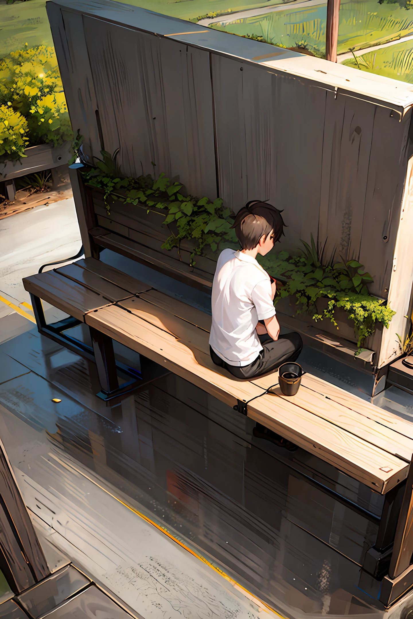 one man sitting on a bench, from behind,