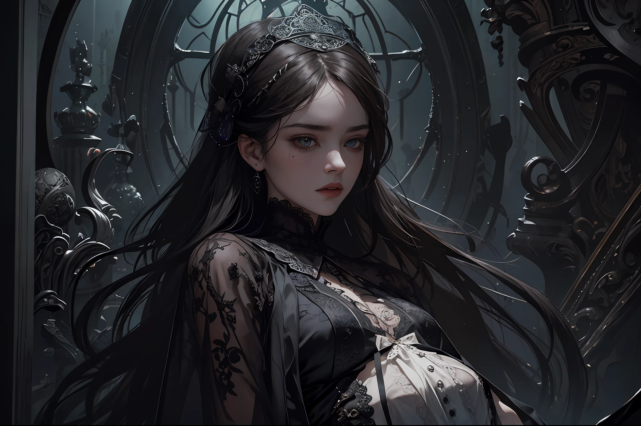 official art, unity 8k wallpaper, ultra detailed, beautiful and aesthetic, beautiful, masterpiece, best quality,
Dark, atmospheric, mystery, romanticism, macabre, literature, art, fashion, Victorian, ornamental, intricate, ironwork, lace, brooding, emotional depth, supernatural,
1girl,solo,