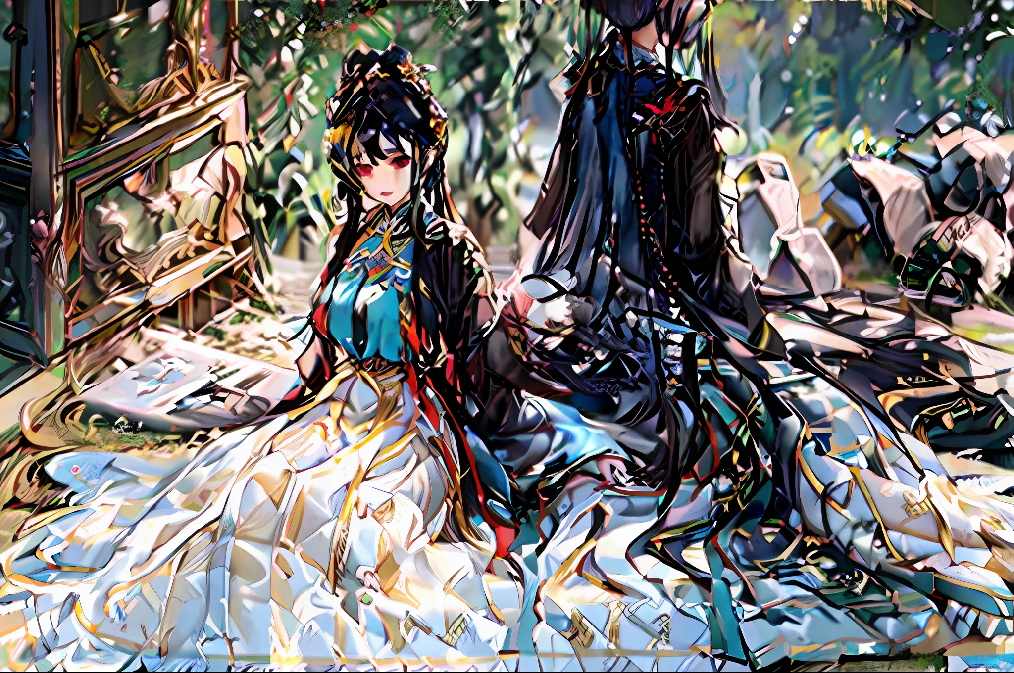 unparalleled masterpiece, ultra realistic 8k CG, perfect artwork, ((perfect female figure)),white and black hair, red eyes, mature female, milf, narrow waist, chinese deity, looking at viewer, seductive posture, sexy pose, alluring, clean, beautiful face, pure face, pale skin, absurdly long hair, (huge breasts), divine goddess, shiny skin, skindentation, lace, lace trim, lace-trimmed legwear, delicate pattern, intricate detail, (rich:1.4), prestige, gorgeous, luxury, royal palace, jewelry, gem, gold, silver, diamond, glint, sapphire, ruby, emerald, pearl, amber, obsidian,