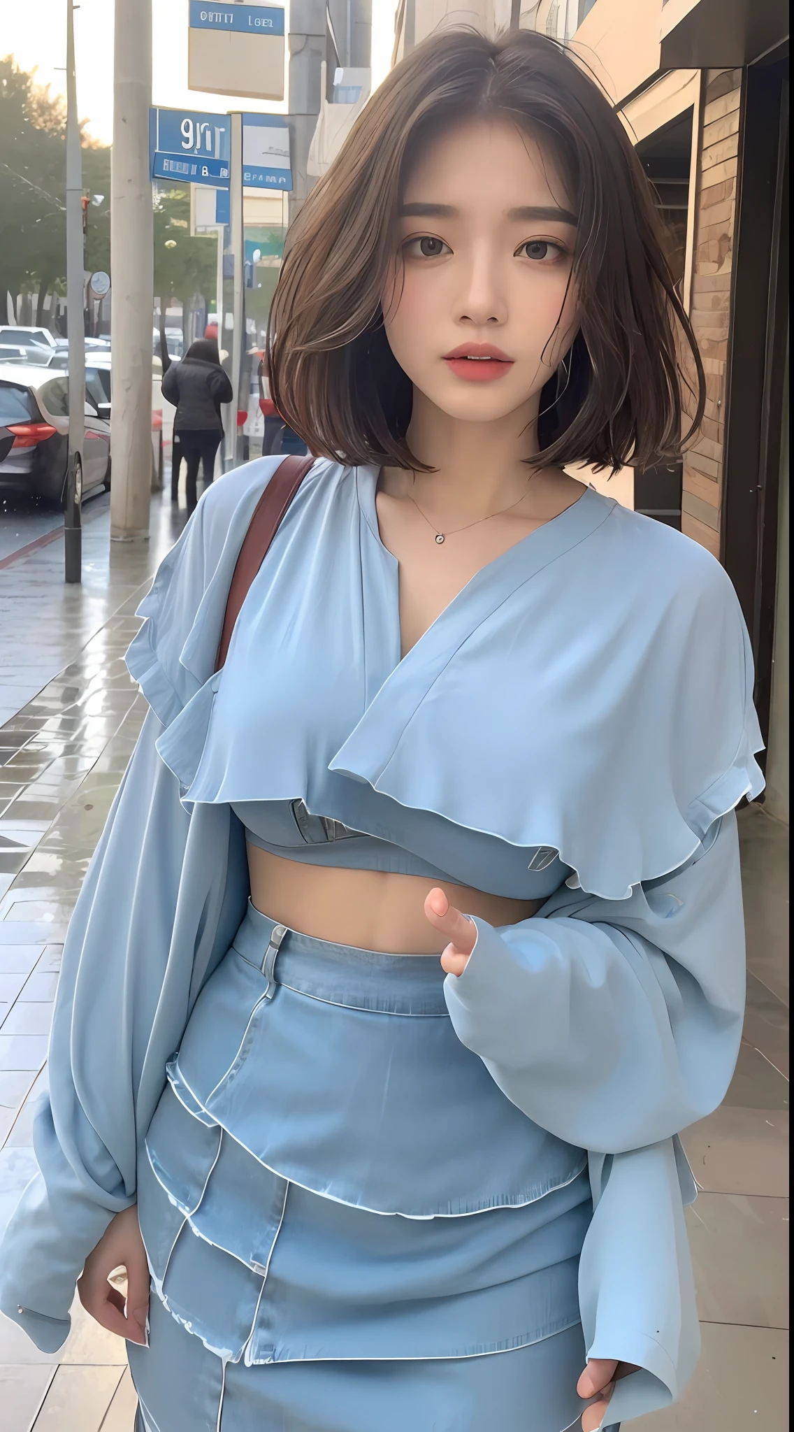 ((Best Quality, 8k, Masterpiece:1.3)), Focus:1.2, Perfect Body Beauty:1.4, Buttocks:1.2, ((Layered Haircut, Breasts:1.2)), (Wet Clothes:1.1) , (Rain, Street:1.3), Bandeau Dress: 1.1, Highly Detailed Face and Skin Texture, Fine Eyes, Double Eyelids, Whitened Skin, Long Hair, (Shut Up: 1.3)