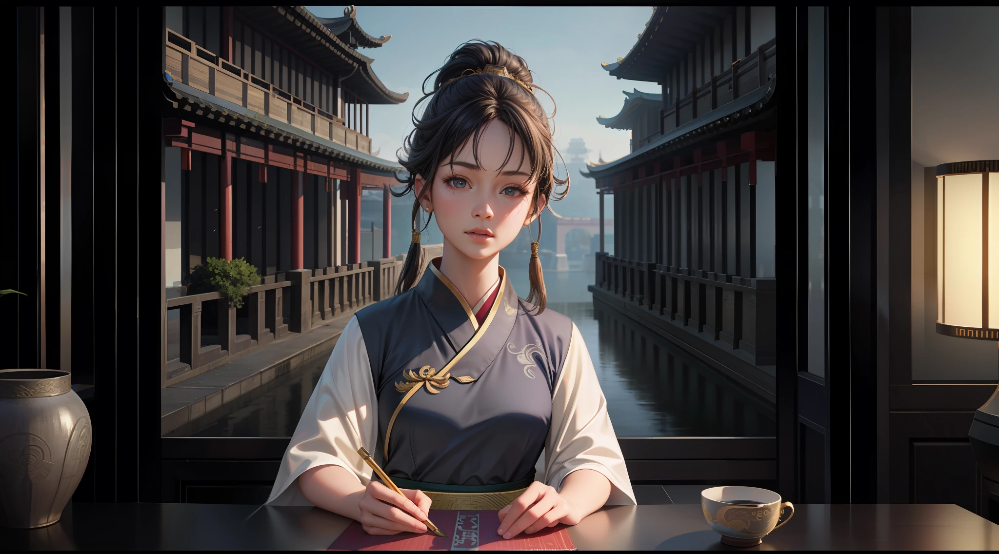 {High quality}, octane rendering, Ultra HD, depth of field, epic, movie, ancient china, 1 girl, cute face, solo, ancient architecture