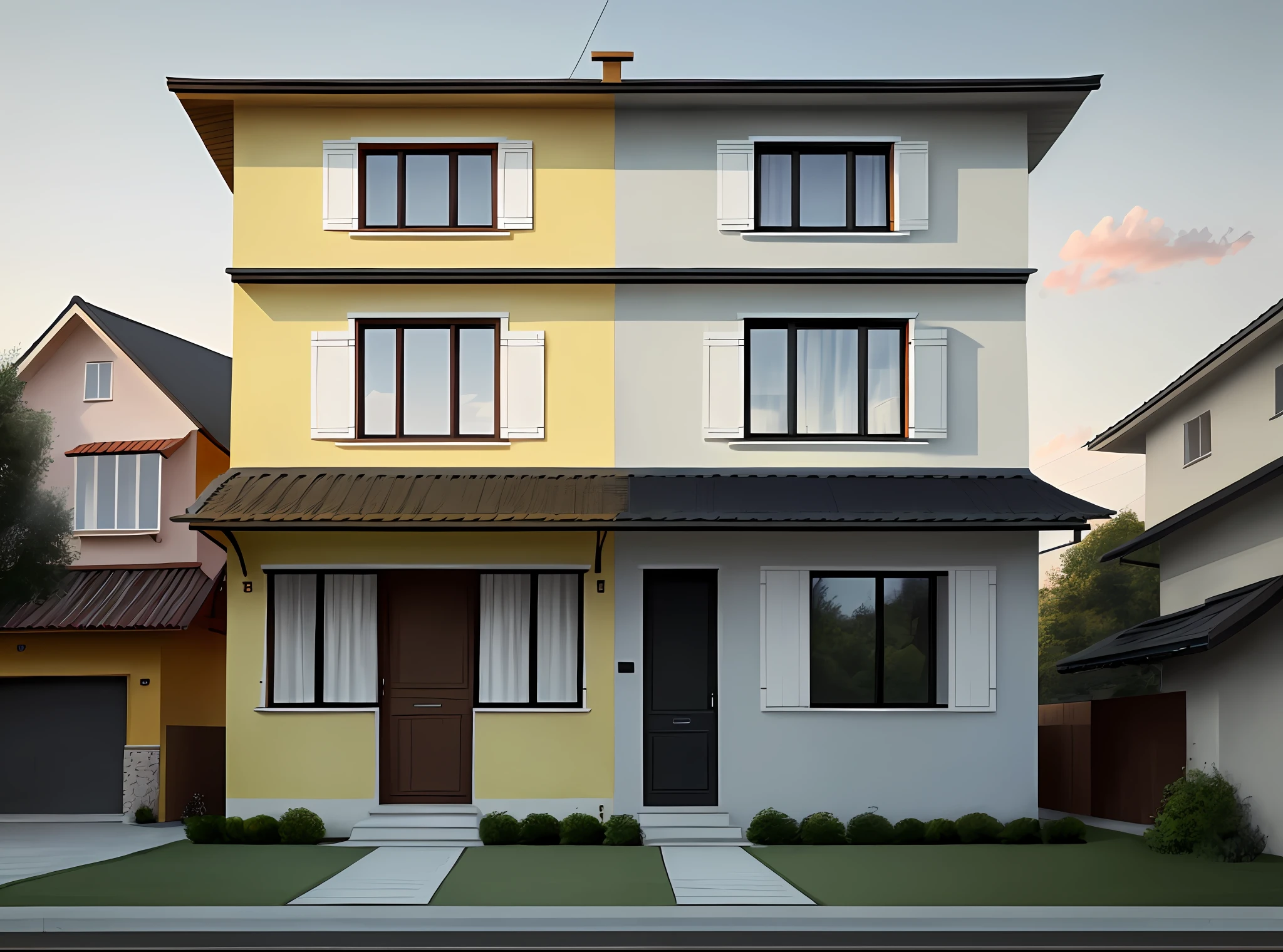 house divided in the middle, one lada the house is perfect, on the other side the house is transparent, side to house is transparent, side to house is transparent,
