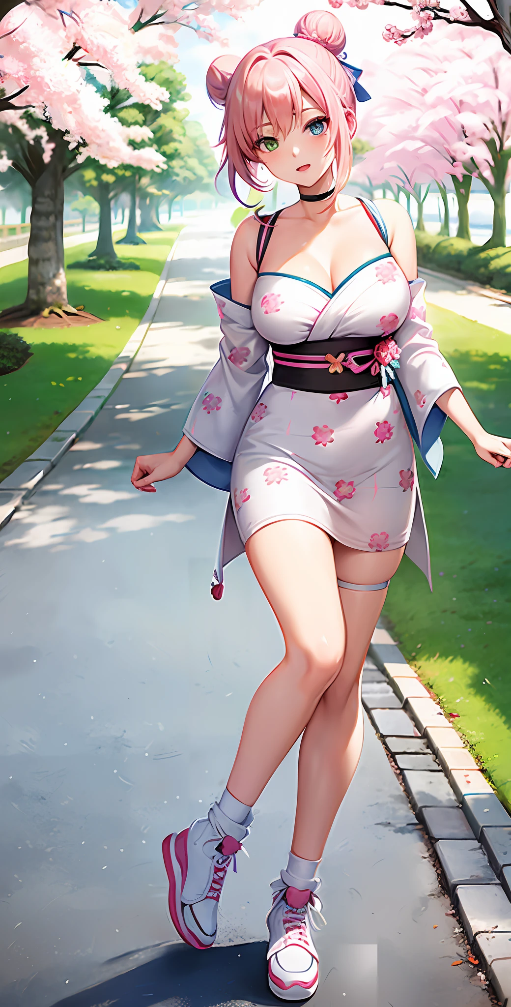 Heterochromia, light blue eyes and light green eyes), happy, masterpiece, top quality, absurdity, high resolution, official art, (((Chibi Girl)), Solo, (pale pink hair, bun hair)), thin hair, one beautiful girl, caregiver, anime irus in the style of "Kyoto Animation", (((cherry blossom pattern yukata, gorgeous obi, chest bandage)), watch the viewer, princess eyes, big breasts, full body, Japan summer festival, Black Nike Sneakers