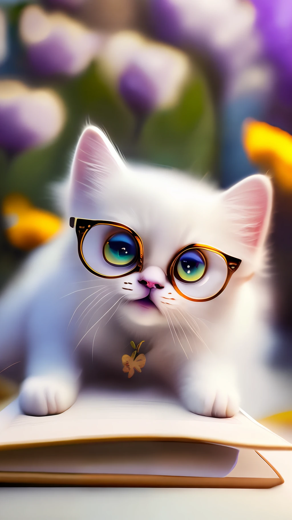 Very cute white tropicalpunk kitten lying on book, big eyes, glasses, open mouth, laughing, excitement, flowers, professional light, depth of field 8k, purple gold magic moment, professional photography, octane rendering, super realistic - amazing sunlight, dynamic composition, photography, sharp focus, background bokeh