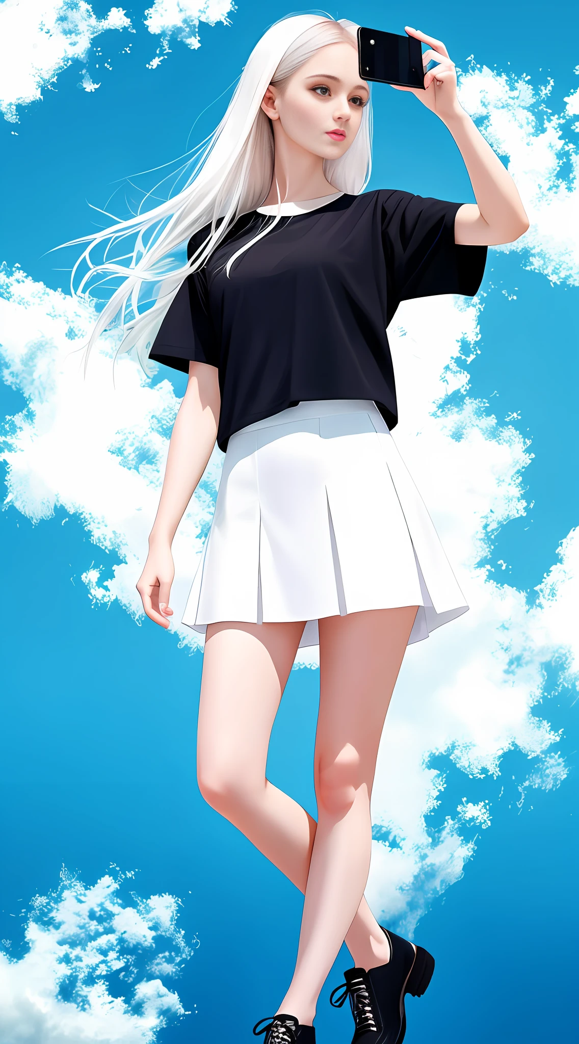 A standing white-skinned girl wearing white clothes and miniskirt taking a selfie with a mobile phone, ((full body photo)), pale skin, white short-sleeved shirt, miniskirt, long legs, black pointed scalp shoes, left hand holding mobile phone, mobile phone blocking half of the face, right hand made a Y-shaped gesture, pure blue background, beautiful digital artwork, realistic effect, high texture