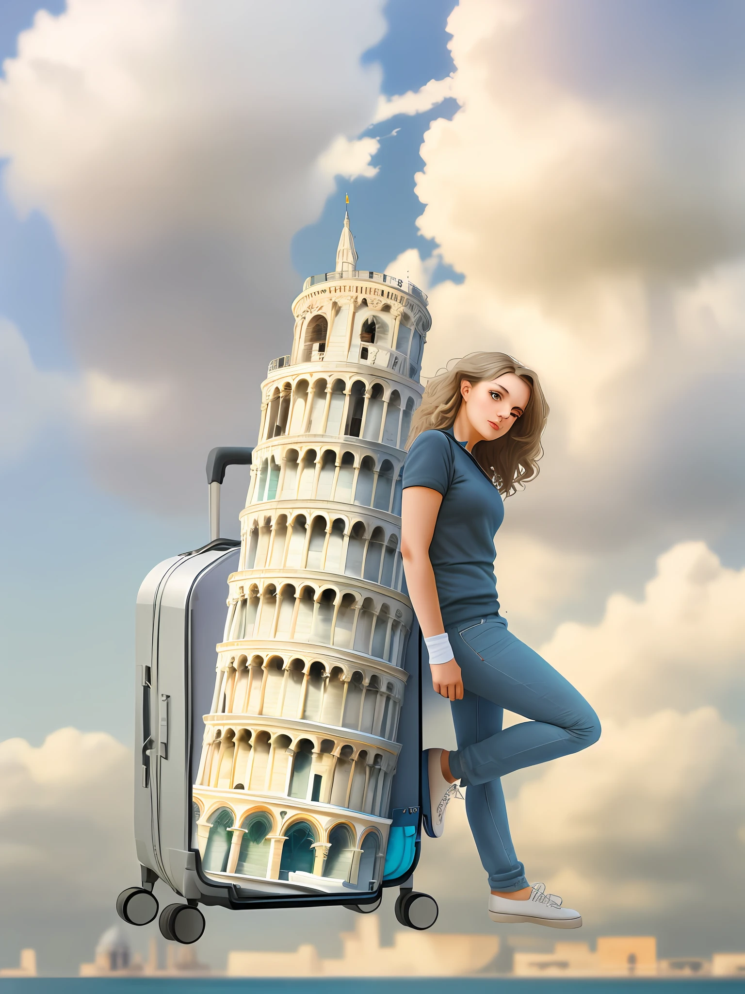 Woman leaning against suitcase, leaning tower in background, leaning tower of Pisa, stepping on tower, tourists in background, advertising photos, tourist destinations, Italian look Emma, tourists, tourism, Italy, tilting giant tower, promotional art, towering over camera, twisted pose, inspired by Piero della Francesca, towering over your field of vision