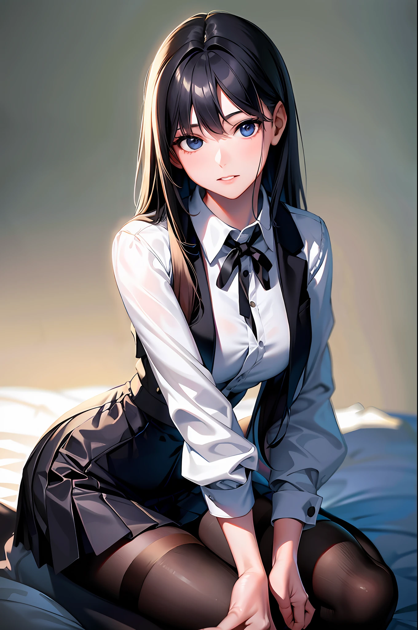 1 girl, solo, (best quality), (masterpiece: 1.1), (school uniform: 1.4), dress, looking_at_viewer, neck_ribbon, cute, clear facial skin, chocolate handheld